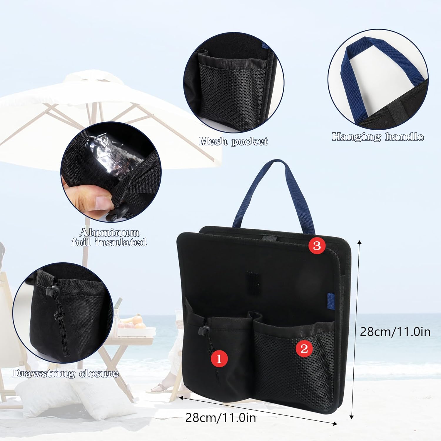 Klmnop Beach Chair Cup Holder with 3 Pockets - Black