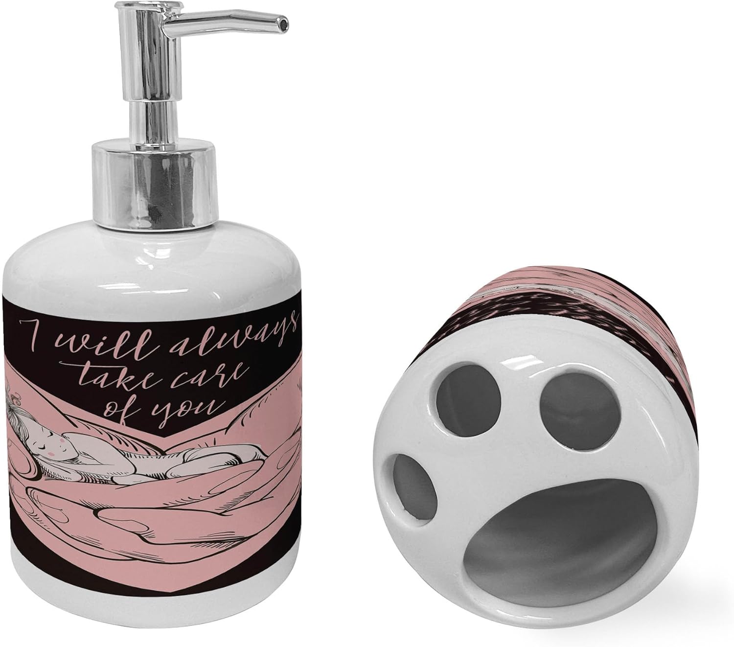 Ambesonne Love Theme Soap Dispenser Toothbrush Holder Set Pale Pink Dark Brown