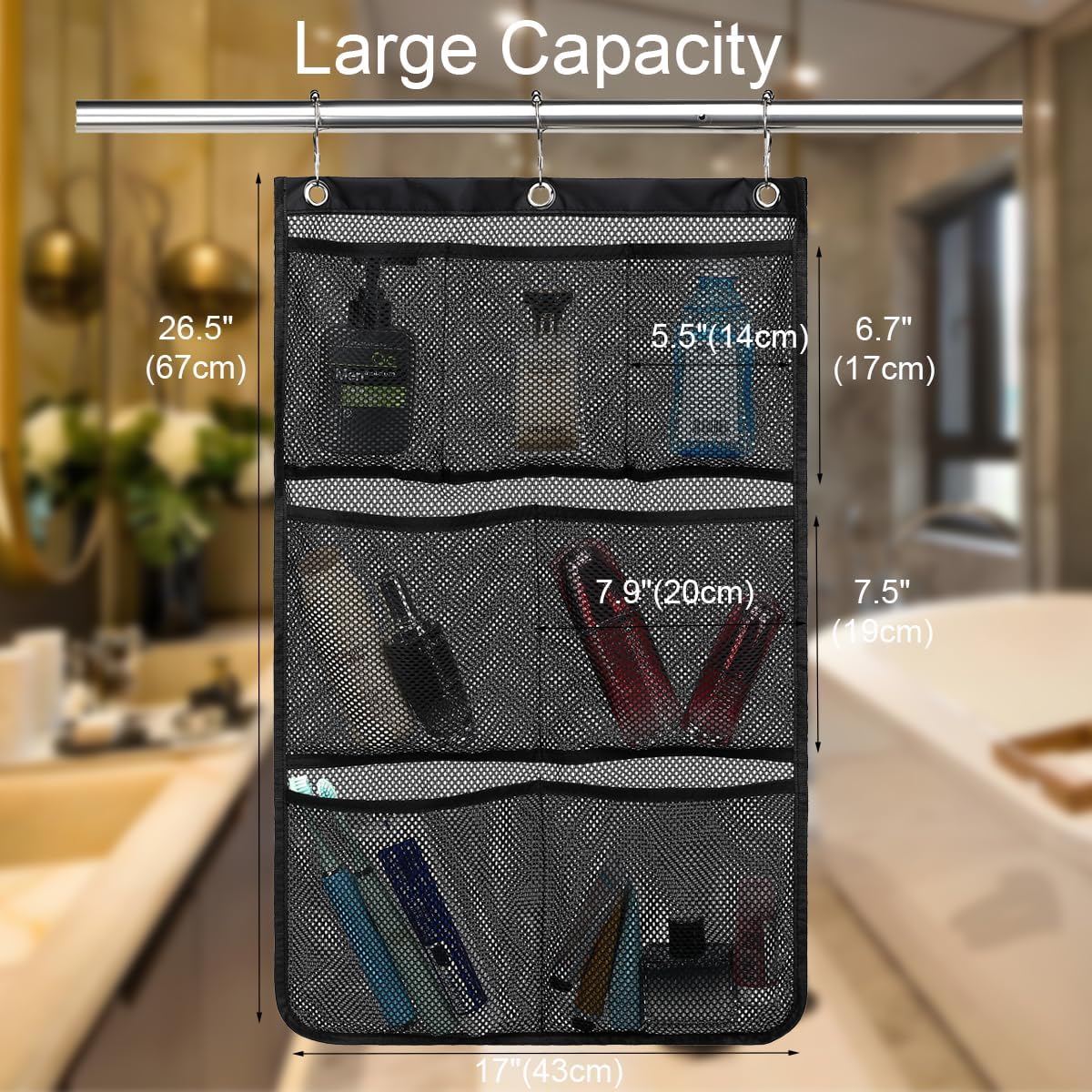 GYEUKHAM Hanging Mesh Shower Caddy - 7 Pockets Black 1 Pack