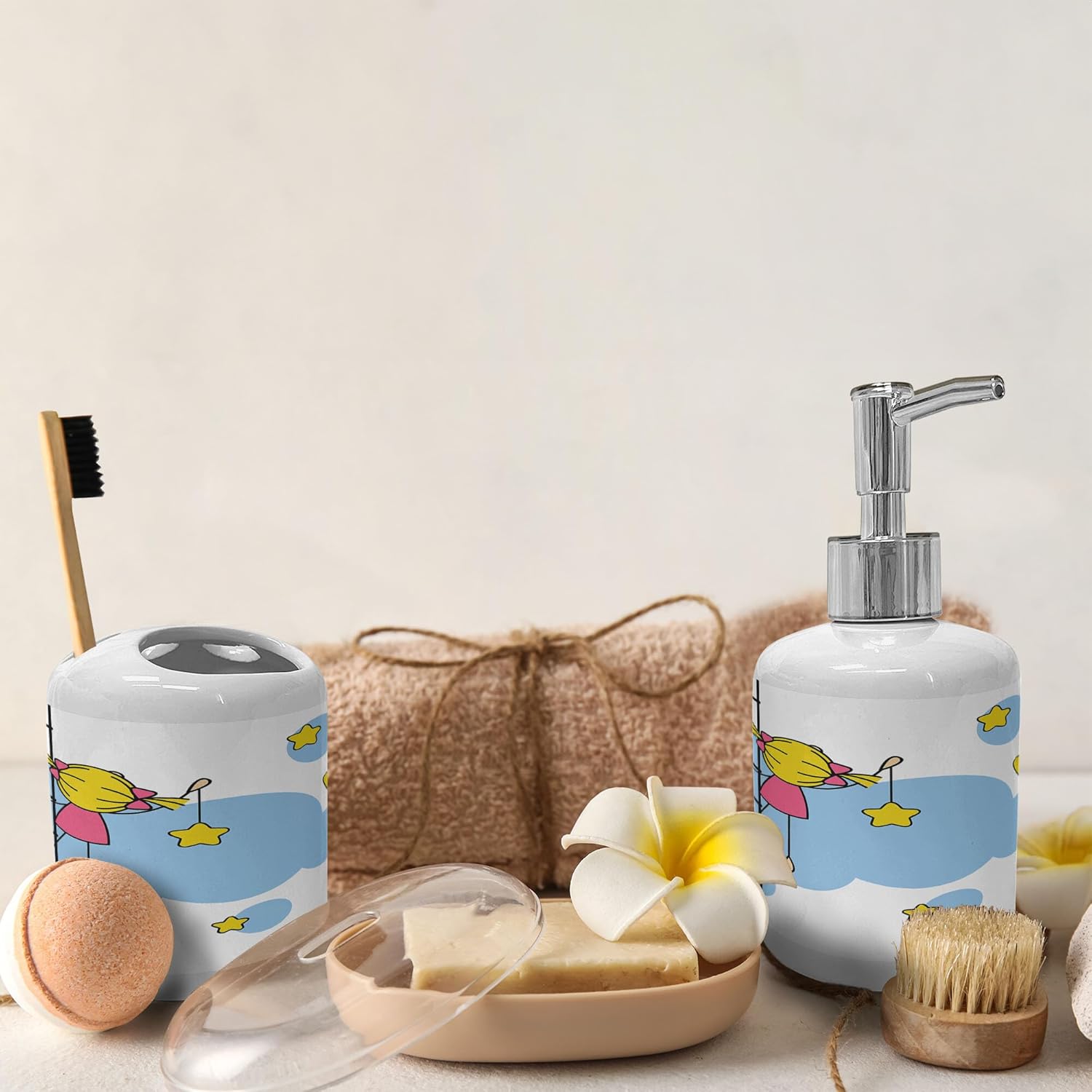 Ambesonne Star Soap Dispenser Toothbrush Holder Set Yellow Blue