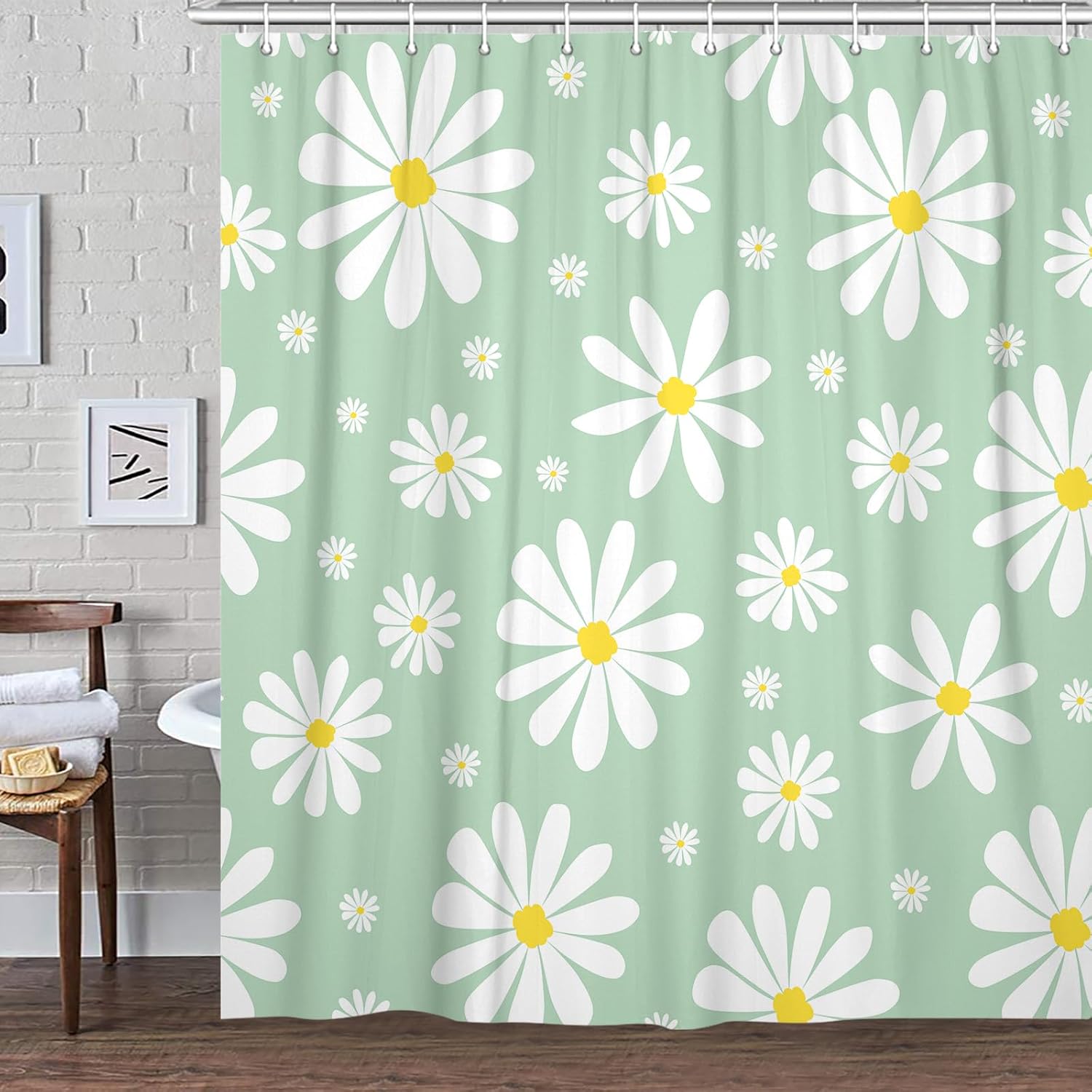 Green Daisy Floral Shower Curtain Set