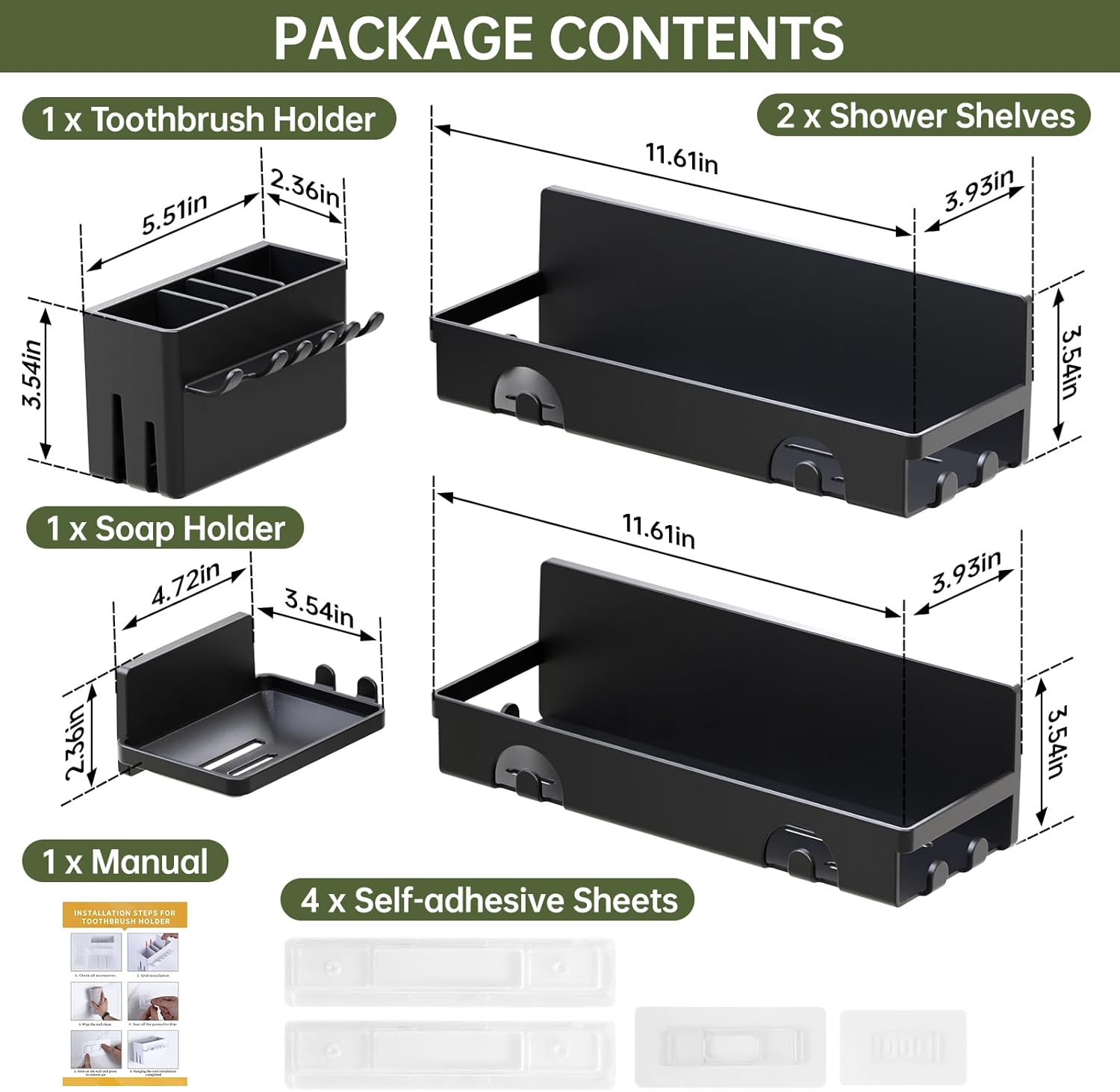 PAVSTINE 4-Pack Shower Caddy Set with Hooks and Organizer Black