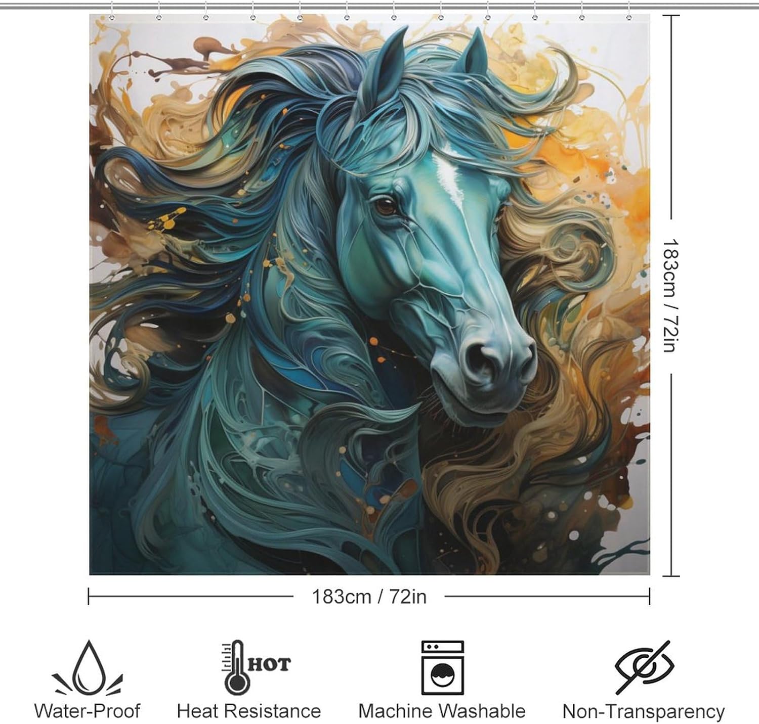 Green Horse Shower Curtain Set with 12 Hooks 72x72in