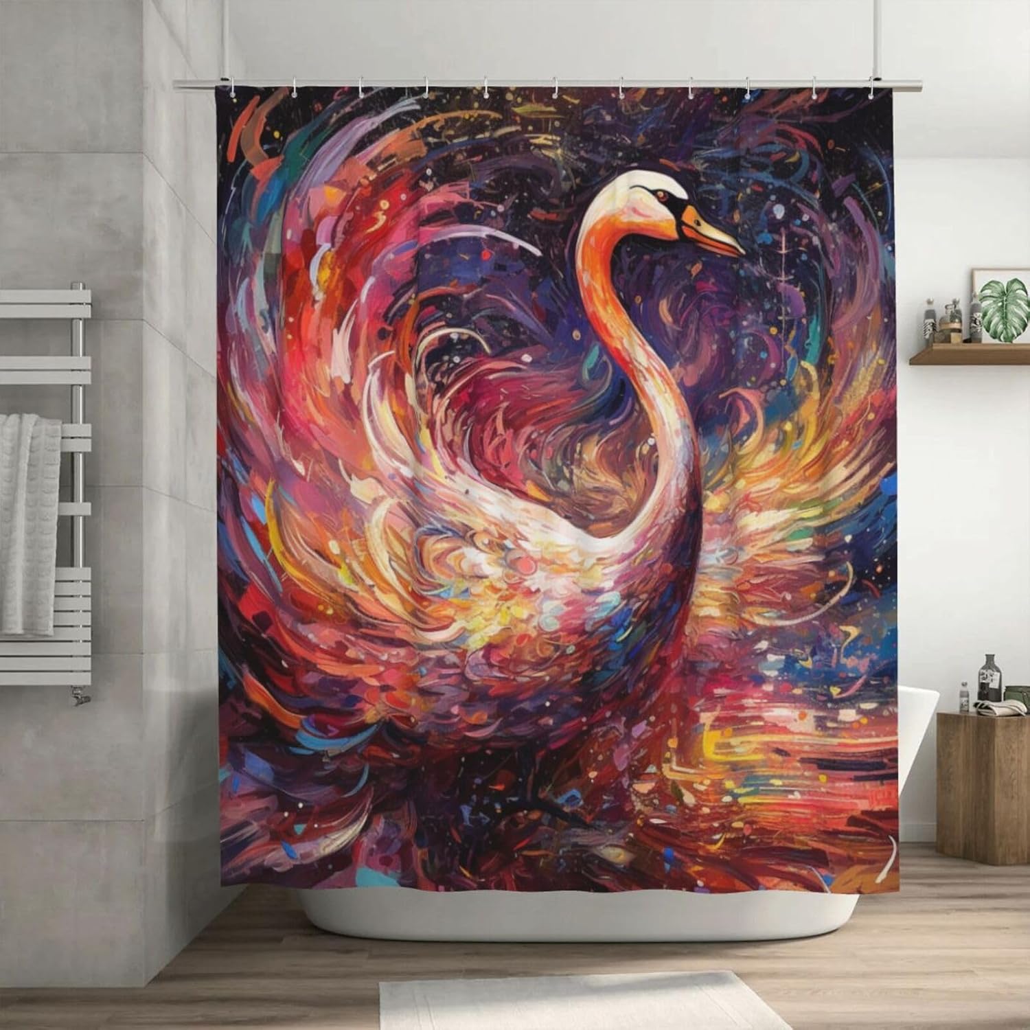 Red Swan Abstract Waterproof Shower Curtain Set with 12 Hooks