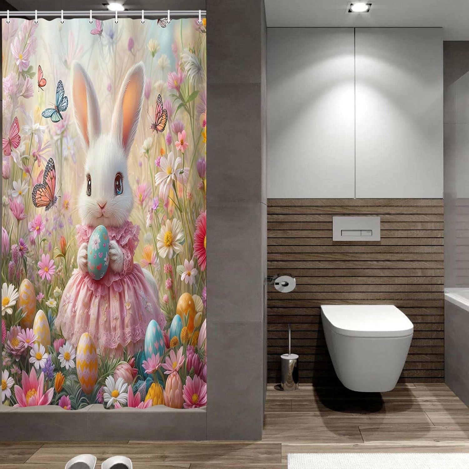JAWO Pink Rabbit Easter Shower Curtain Set with Hooks