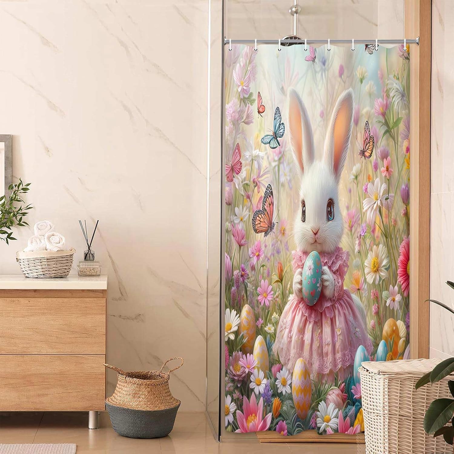 JAWO Pink Rabbit Easter Shower Curtain Set with Hooks