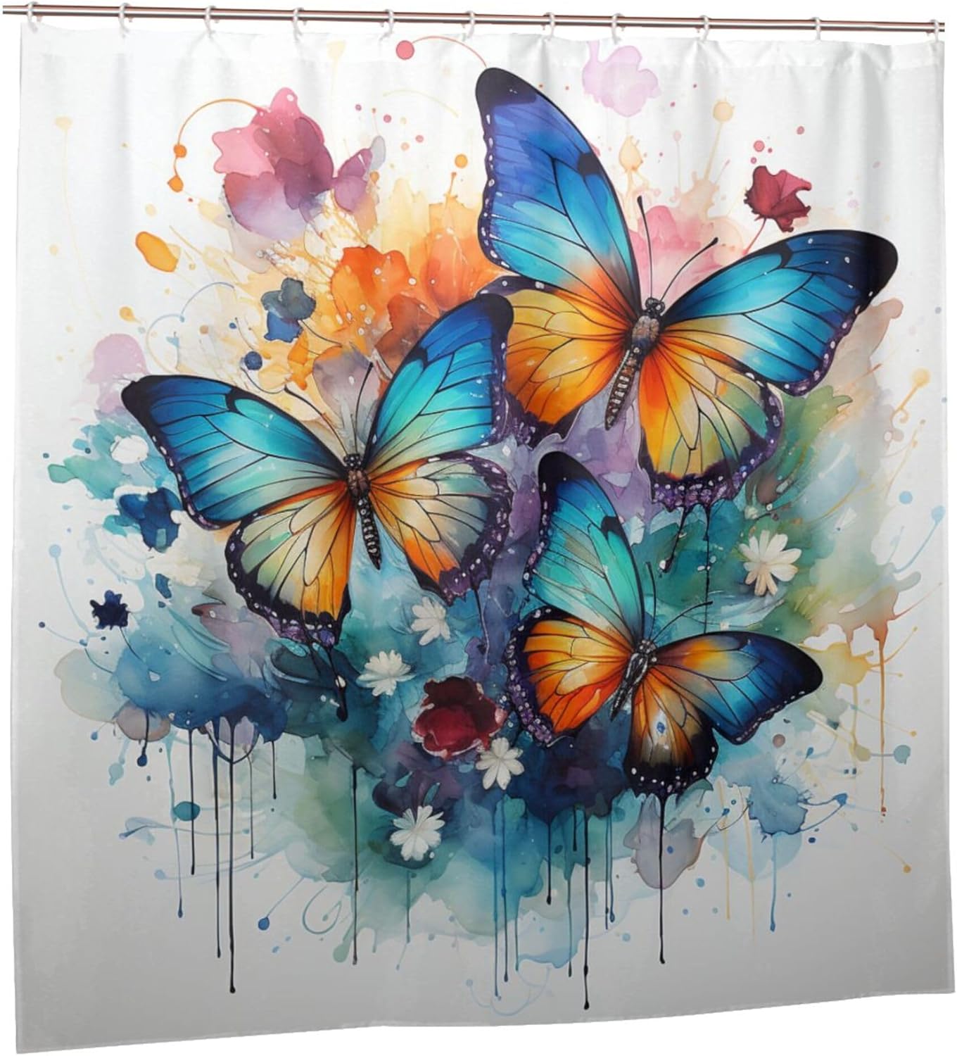 Blue Butterfly Waterproof Shower Curtain Set with 12 Hooks 72x72in