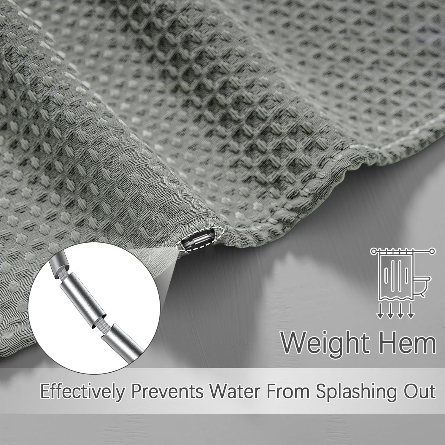 Grey Waffle Weave Shower Curtain Set with 12 Hooks