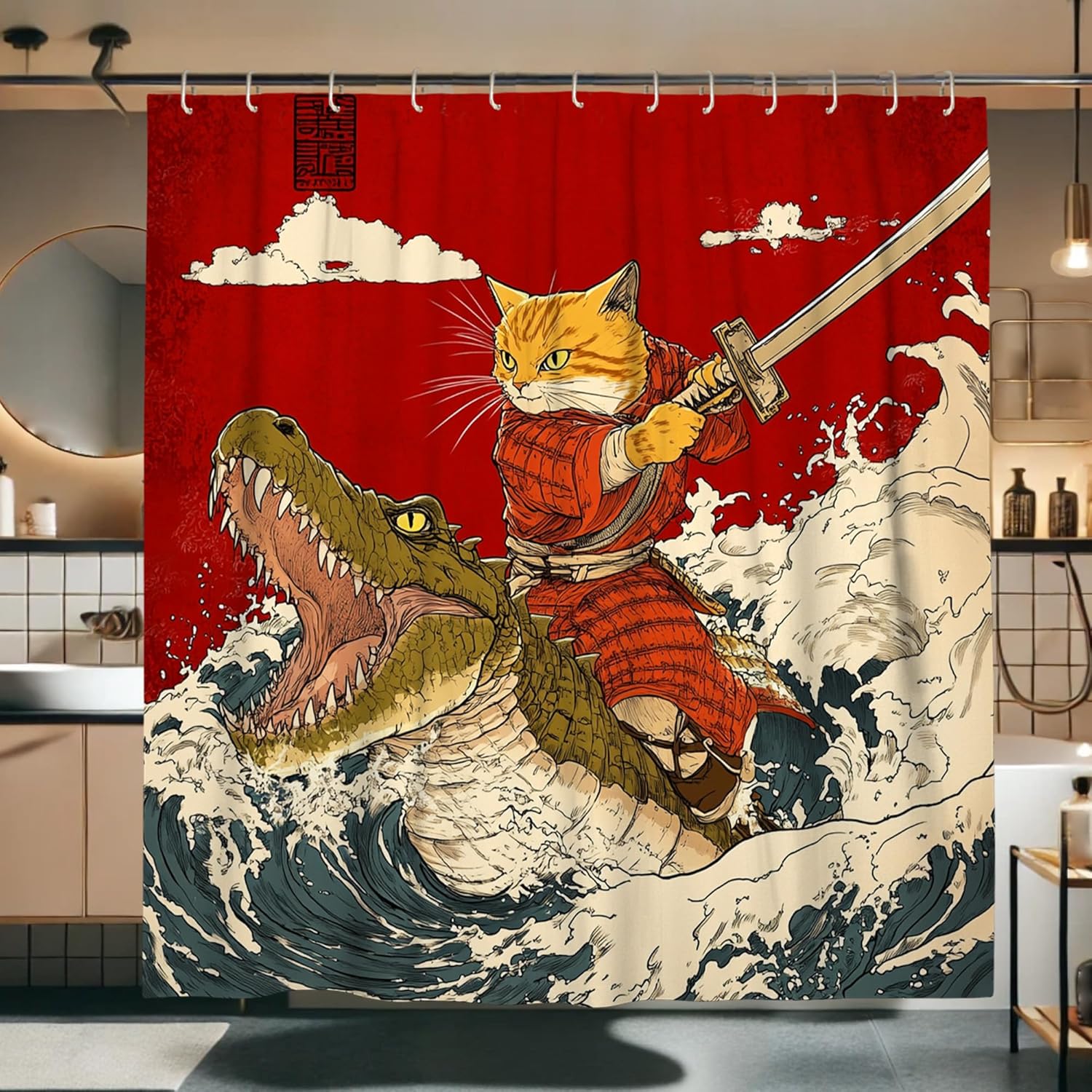 Cat Samurai Shower Curtain Orange Design 72x72 Inch