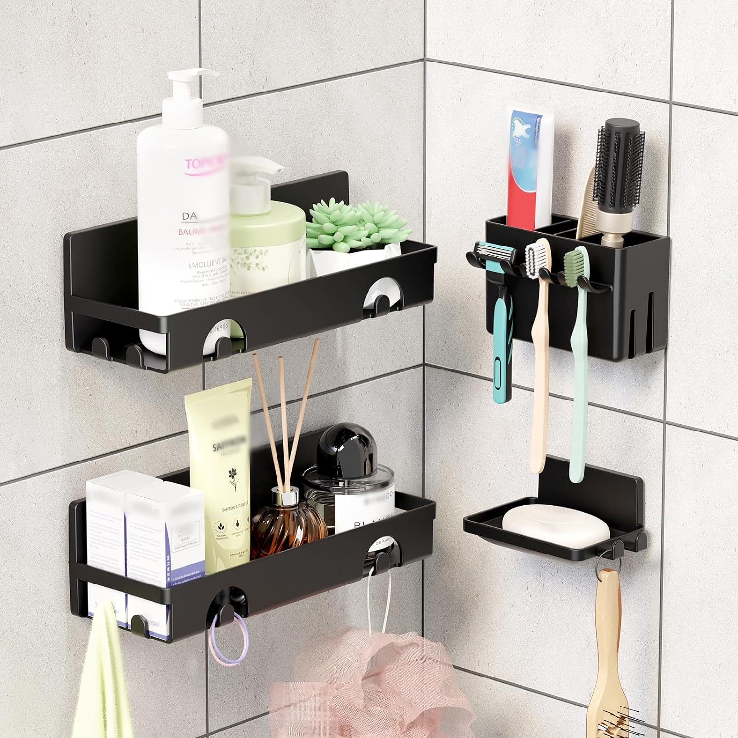 PAVSTINE 4-Pack Shower Caddy Set with Hooks and Organizer Black
