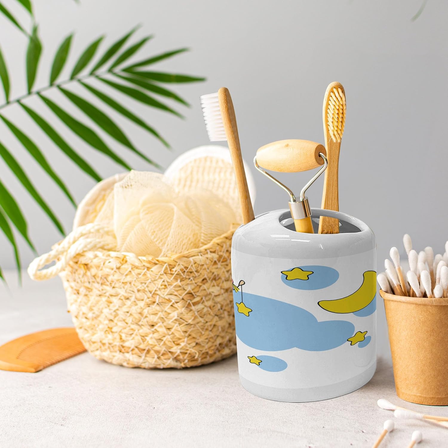 Ambesonne Star Soap Dispenser Toothbrush Holder Set Yellow Blue