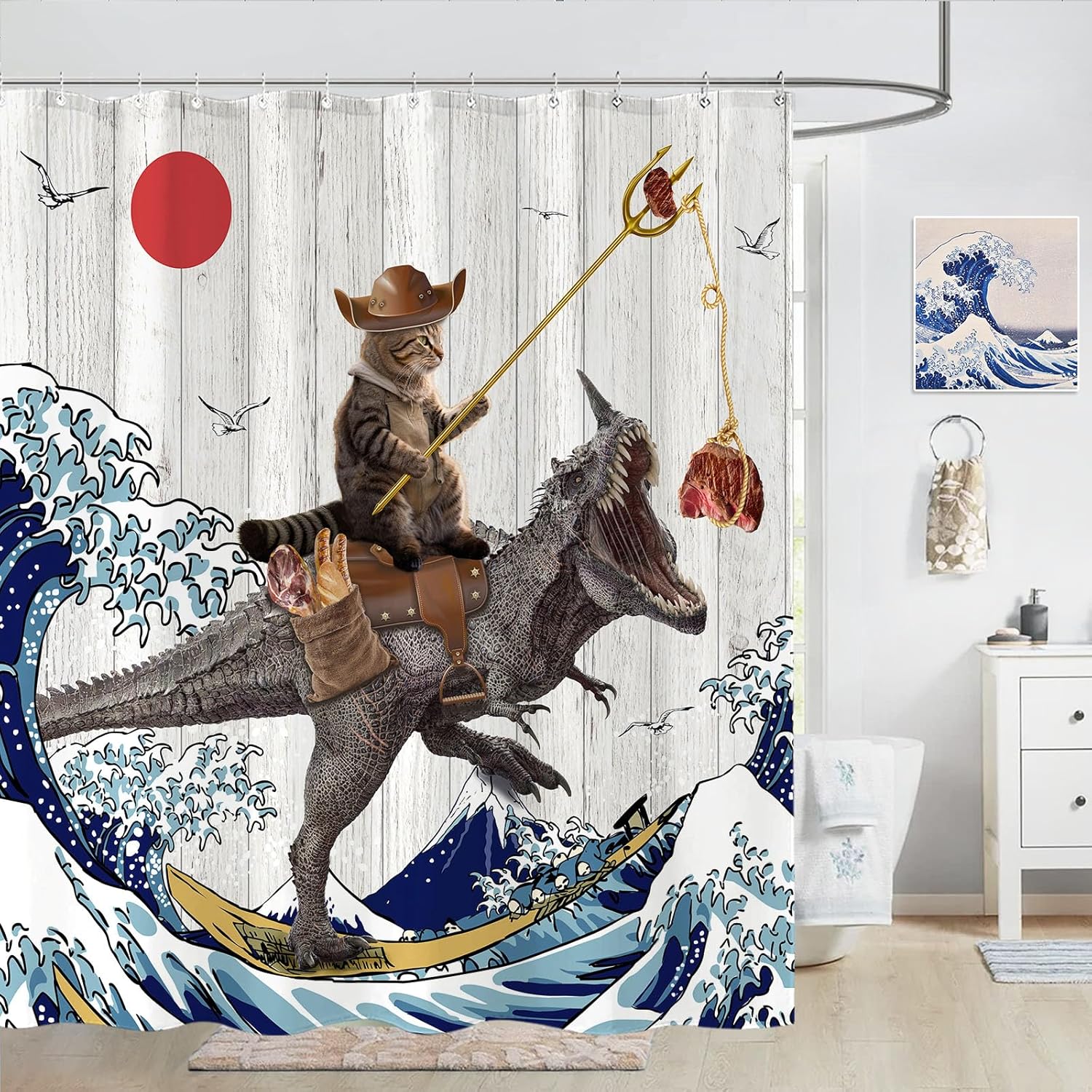 Fowocu Funny Cat Dinosaur Shower Curtain 78 Inch