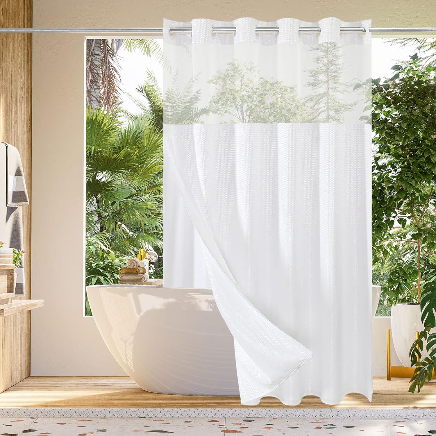 Gibelle Waffle Weave Shower Curtain Set Hook Free with Snap Liner White 72x74