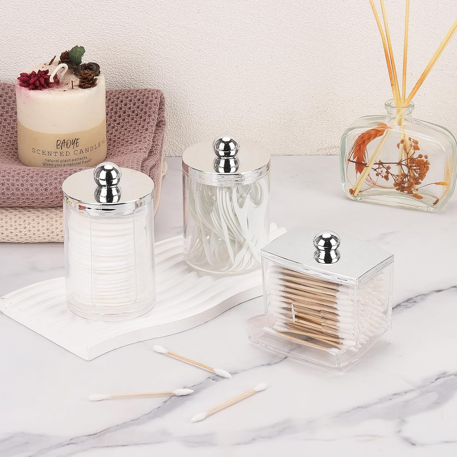Tbestmax 3 Pack Qtip Holder - Bathroom Organizer with Silver Lids