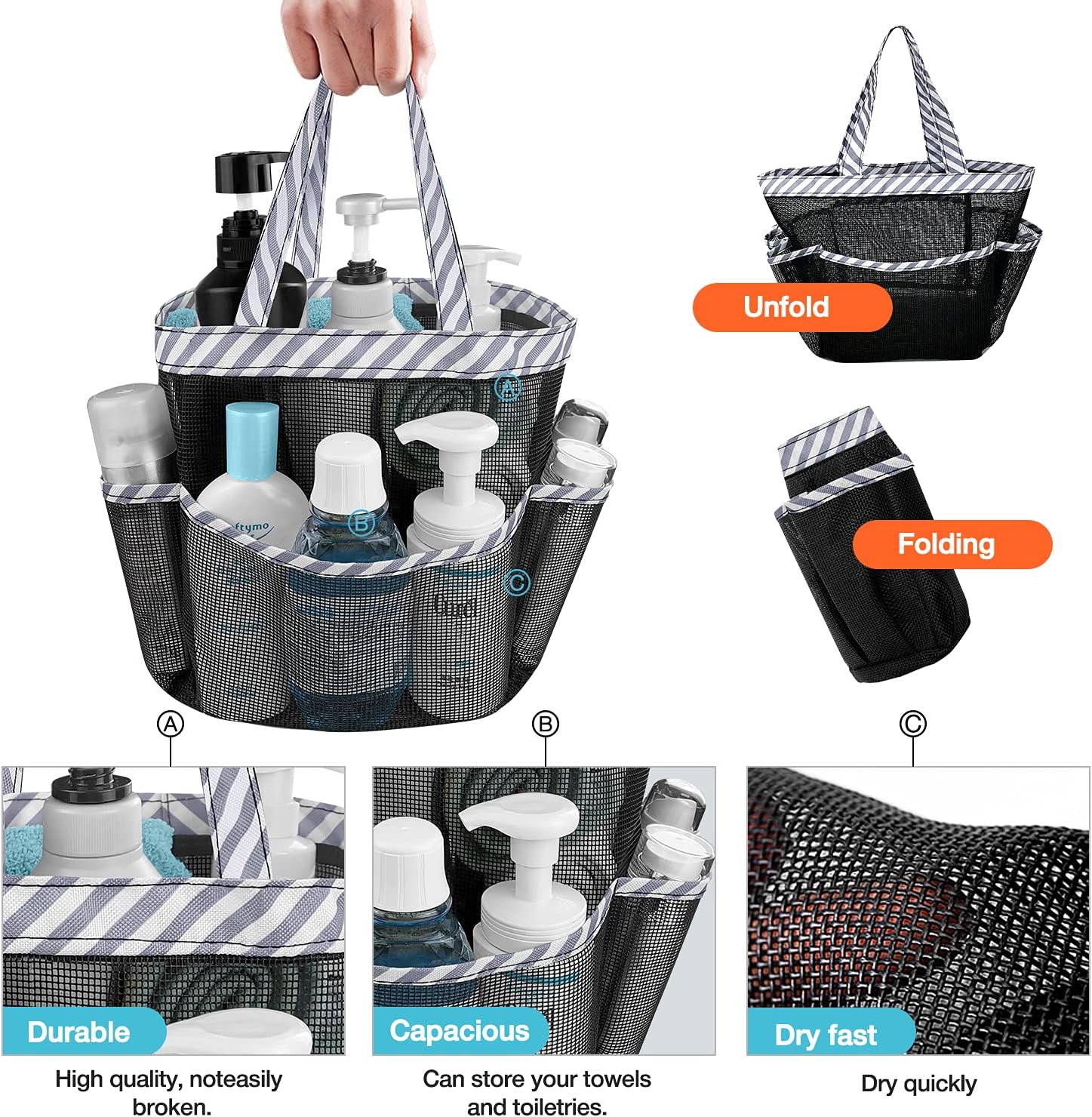 Ndeno Mesh Shower Caddy 8 Pockets Gray Strips