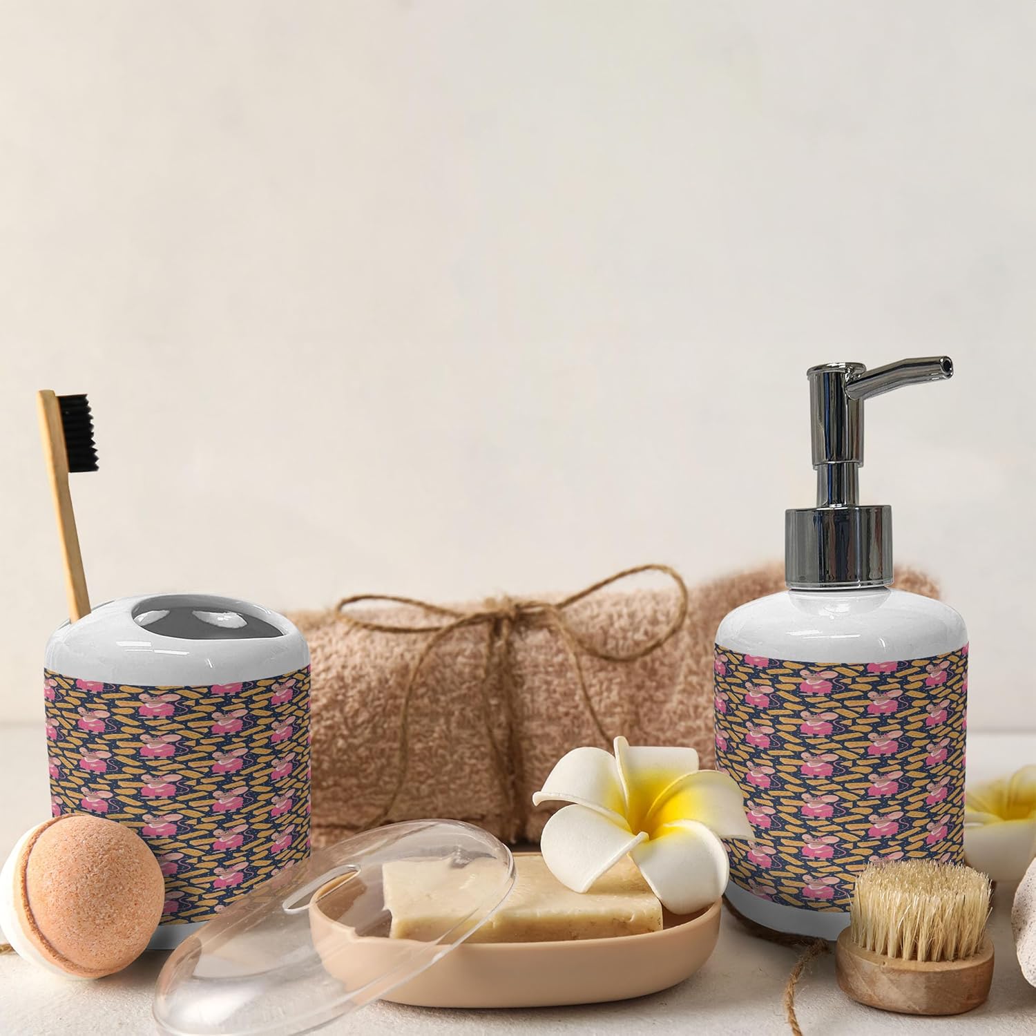 Ambesonne Animal Soap Dispenser Toothbrush Holder Set 2 Pcs