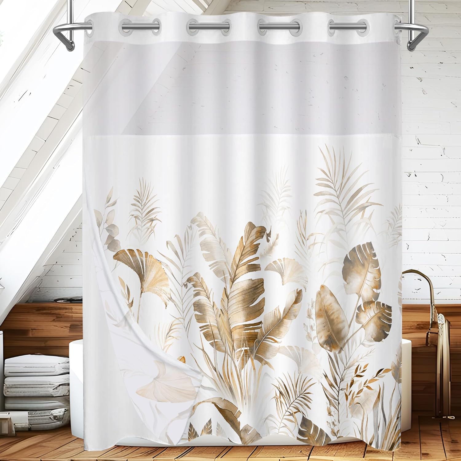 Boho Tropical Shower Curtain Set with Liner Brown Tan 71x74
