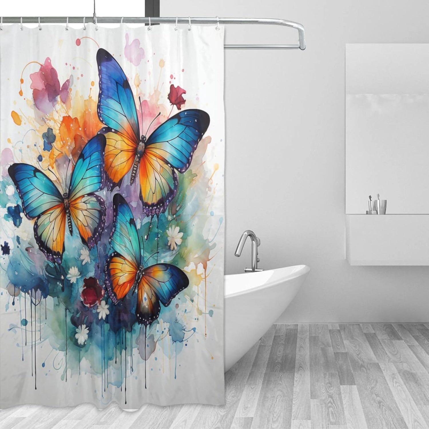 Blue Butterfly Waterproof Shower Curtain Set with 12 Hooks 72x72in