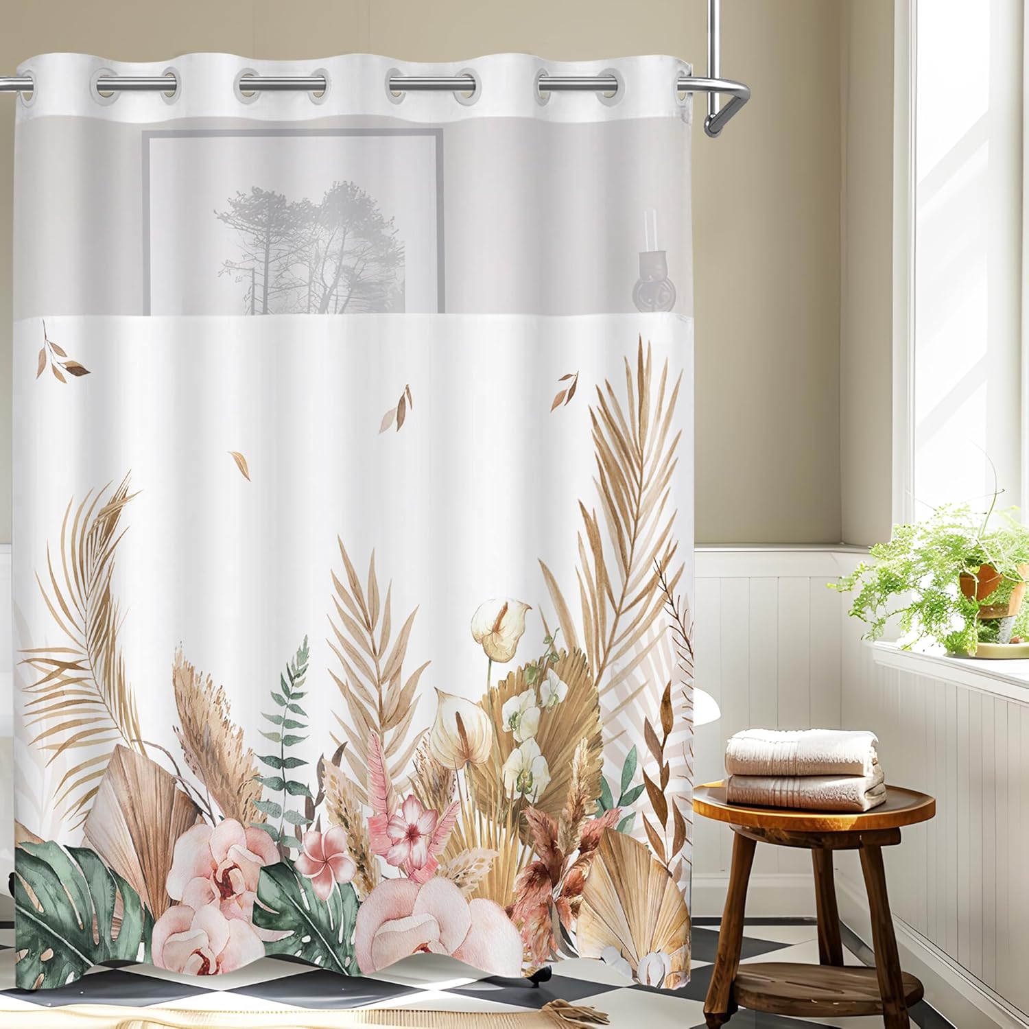 No Hook Flower Shower Curtain with Snap Liner 71x74 Inches