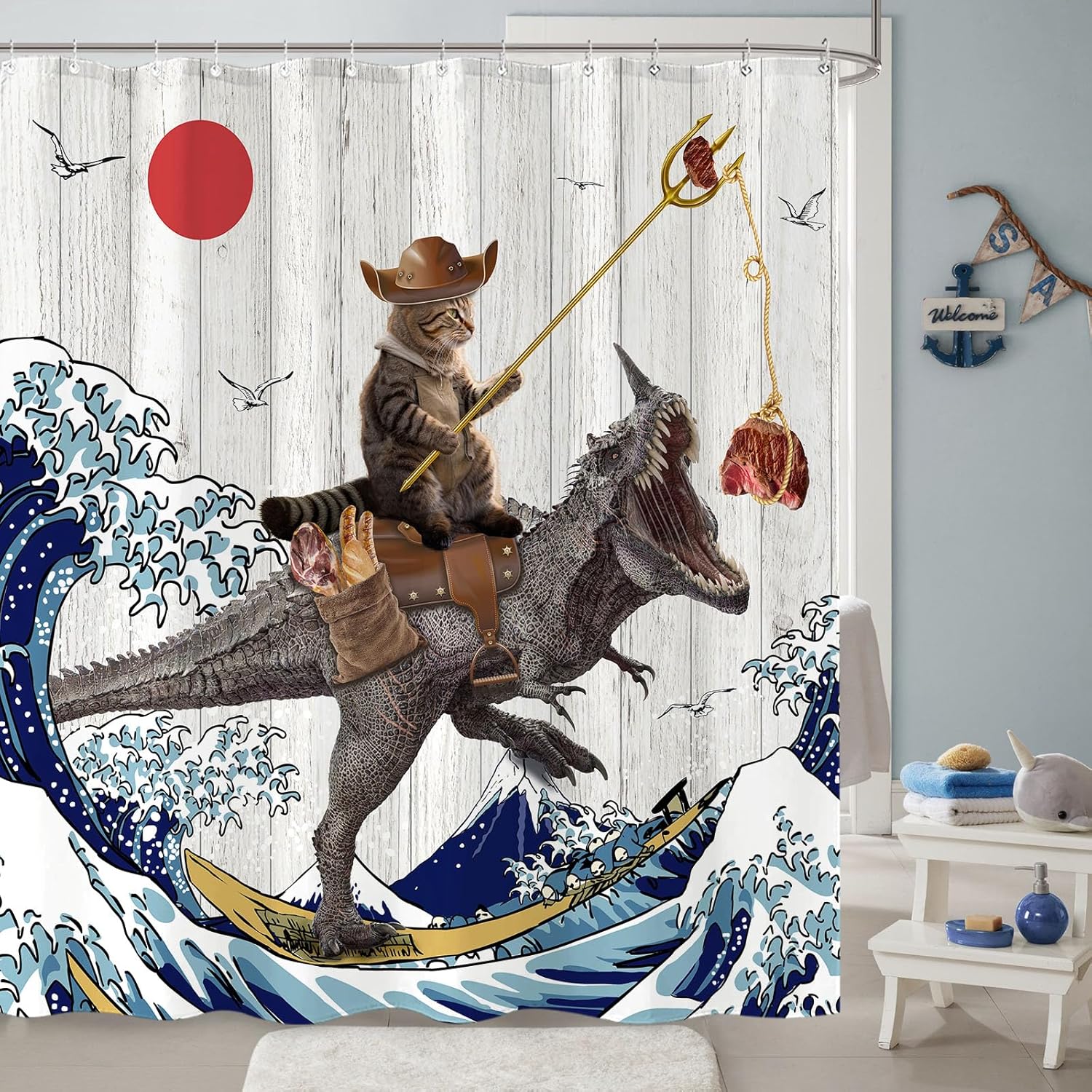 Fowocu Funny Cat Dinosaur Shower Curtain 78 Inch