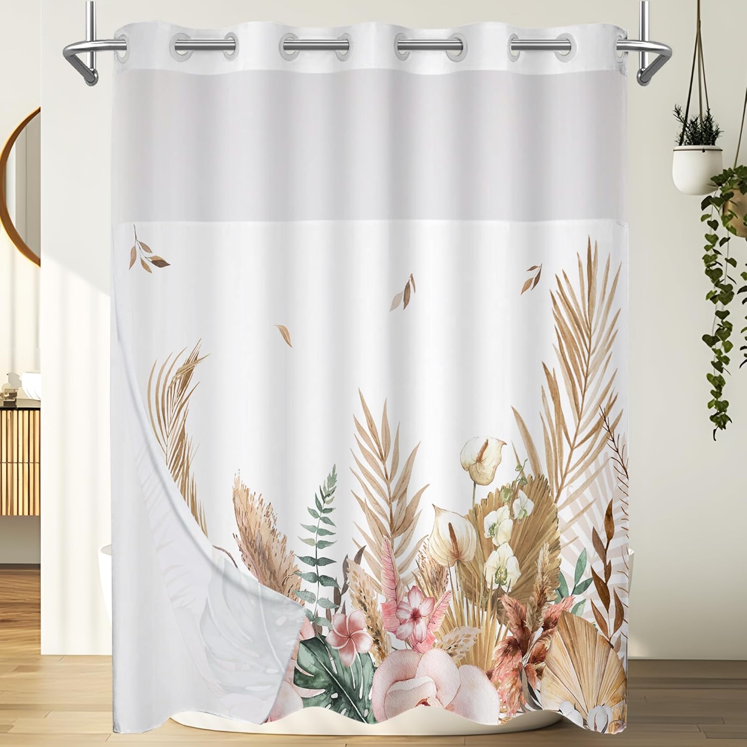 No Hook Flower Shower Curtain with Snap Liner 71x74 Inches