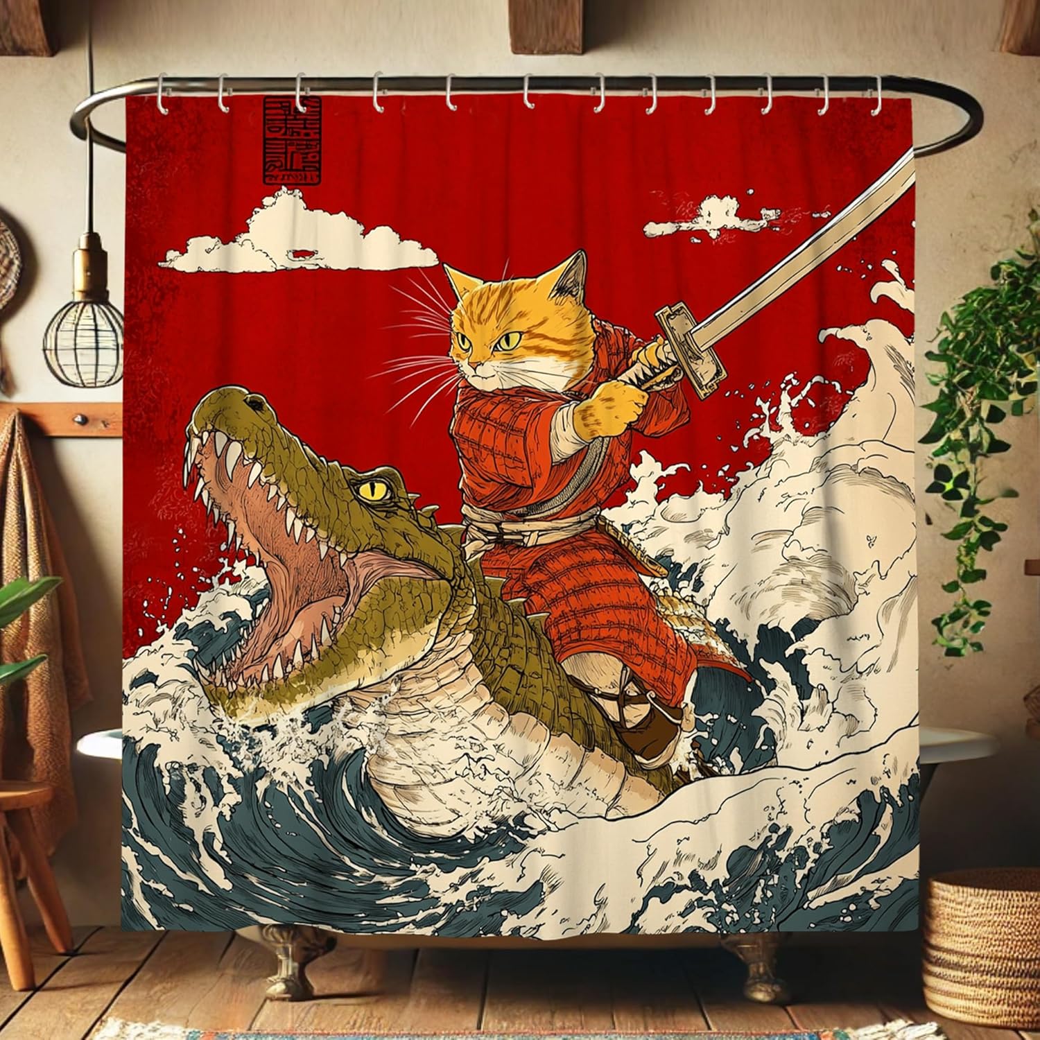 Cat Samurai Shower Curtain Orange Design 72x72 Inch