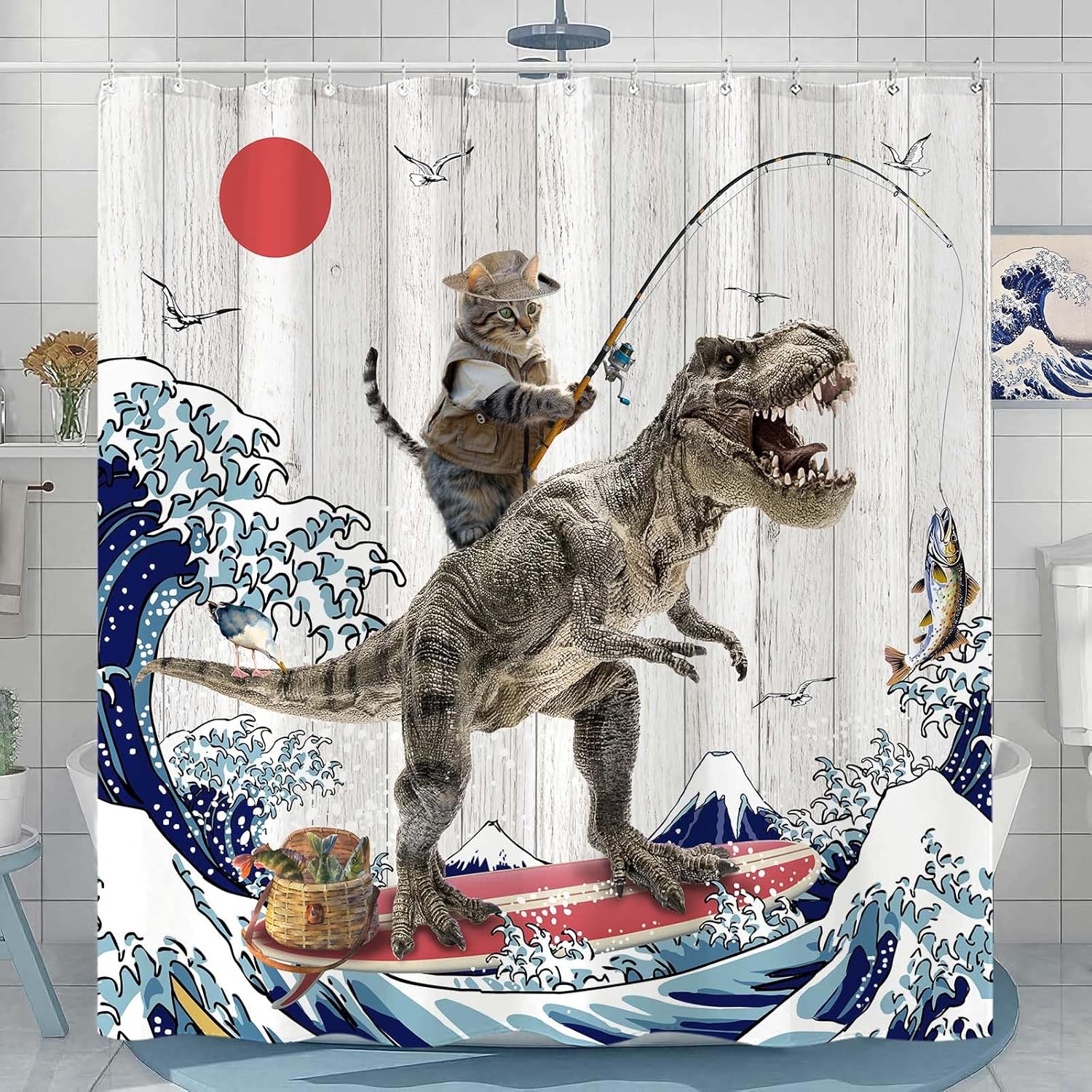 Fowocu Funny Cat Dinosaur Shower Curtain 78 Inch 1