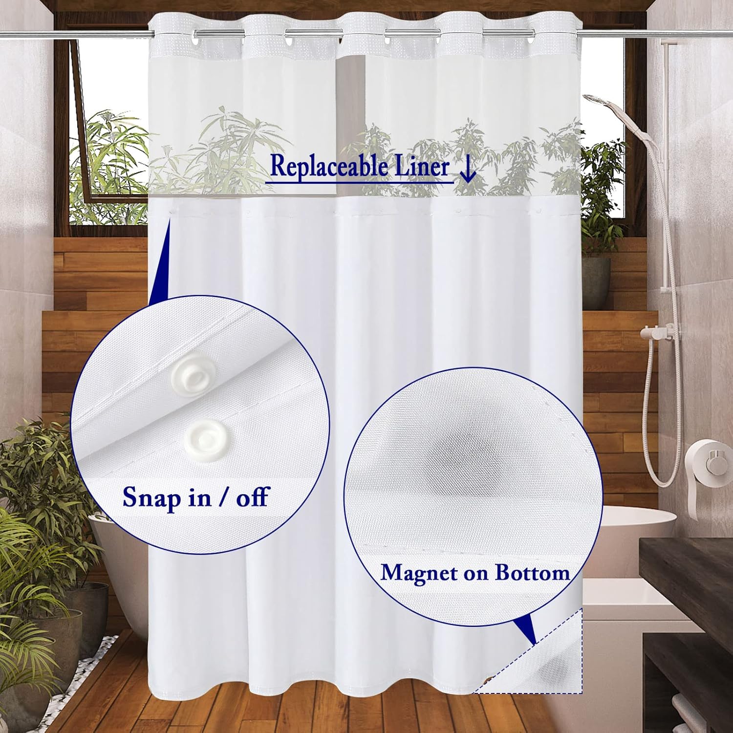 Gibelle Waffle Weave Shower Curtain Set Hook Free with Snap Liner White 72x74