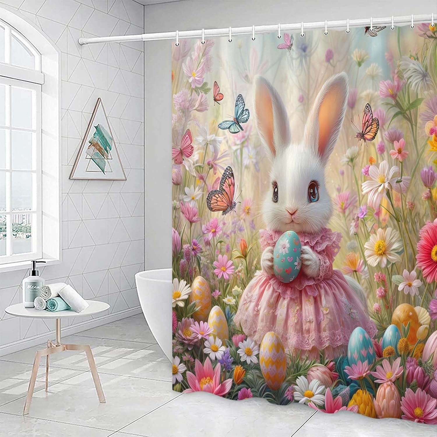 JAWO Pink Rabbit Easter Shower Curtain Set with Hooks
