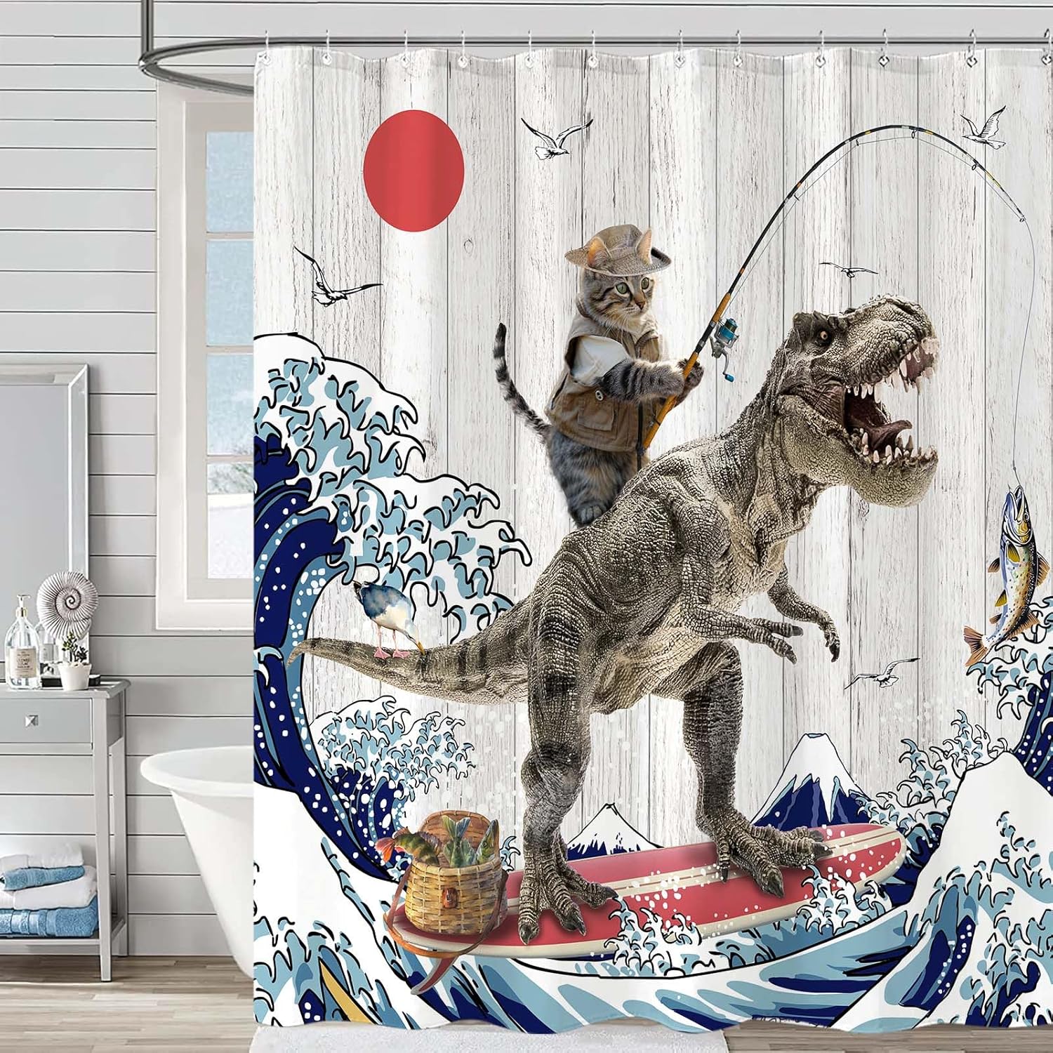 Fowocu Funny Cat Dinosaur Shower Curtain 78 Inch 1
