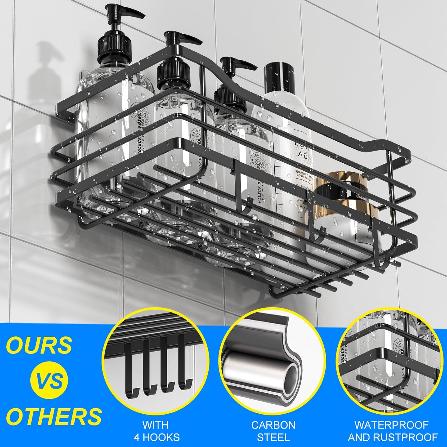Stainless Steel Shower Caddy Set with 5 Adhesive Holders