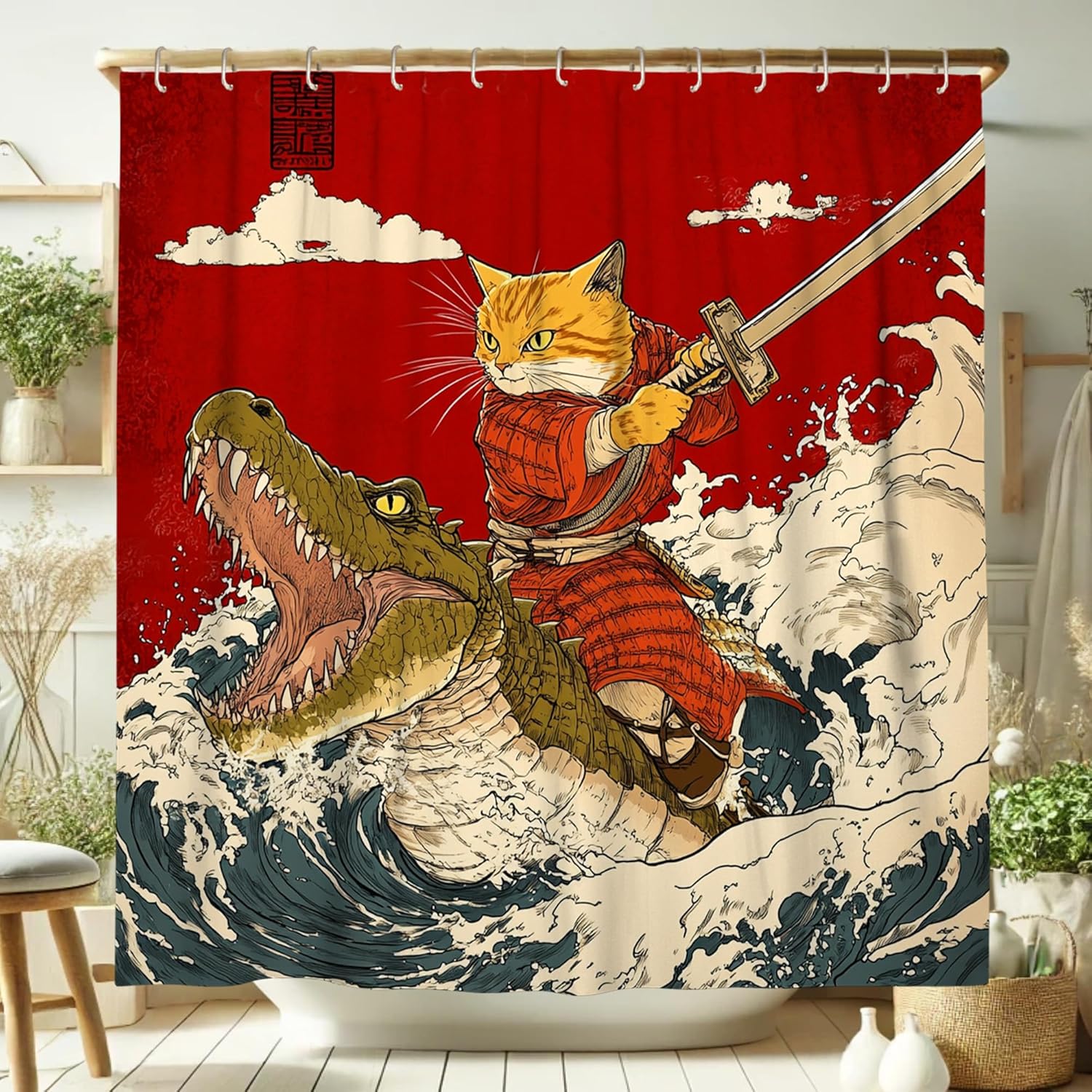 Cat Samurai Shower Curtain Orange Design 72x72 Inch