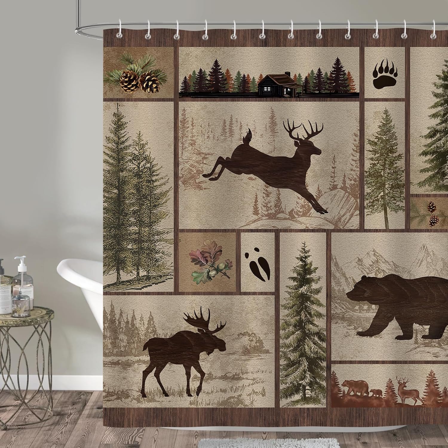 Bonhause Rustic Cabin Shower Curtain with Bear Deer Design 72x72 Inch