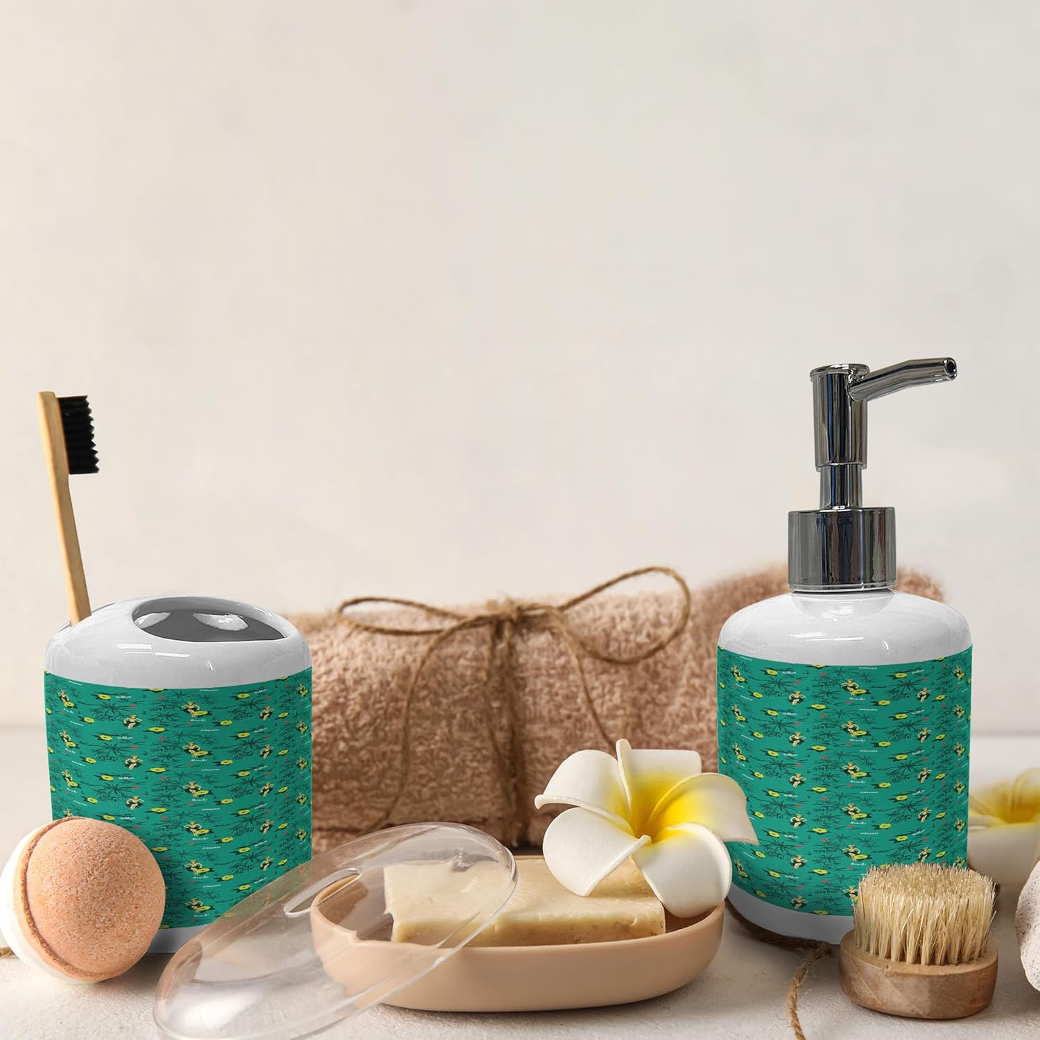 Ambesonne Hawaiian Bath Set - 2 Pcs Ceramic Soap Toothbrush Holder