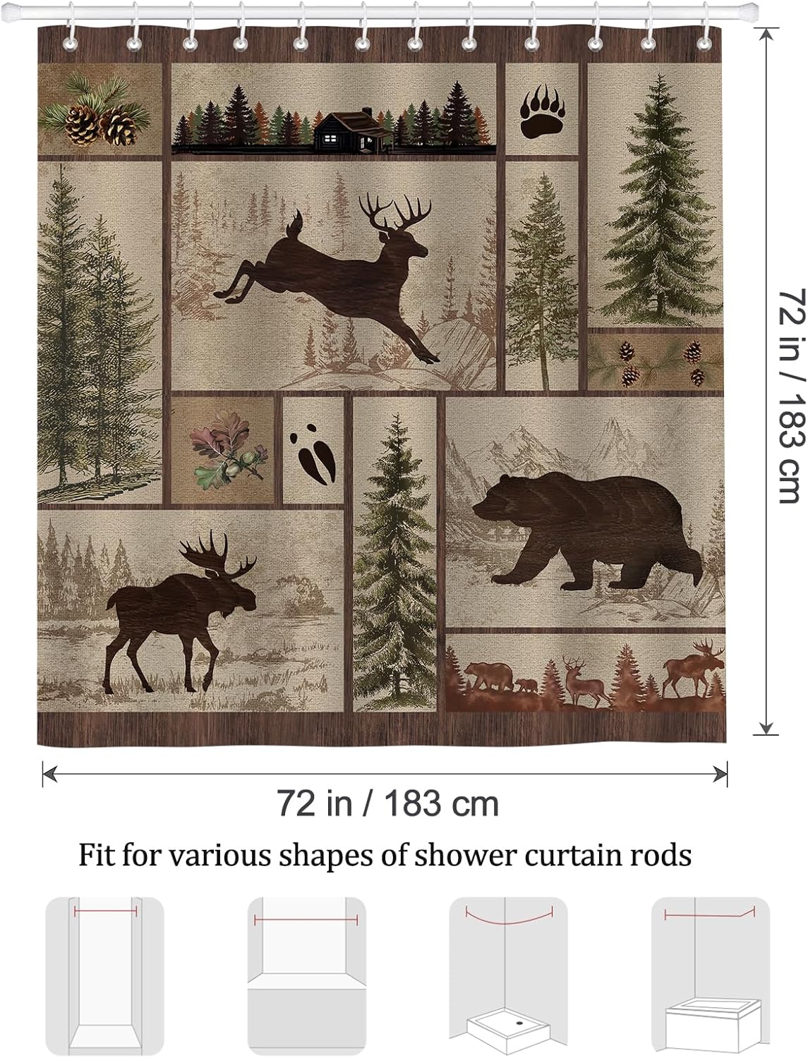 Bonhause Rustic Cabin Shower Curtain with Bear Deer Design 72x72 Inch