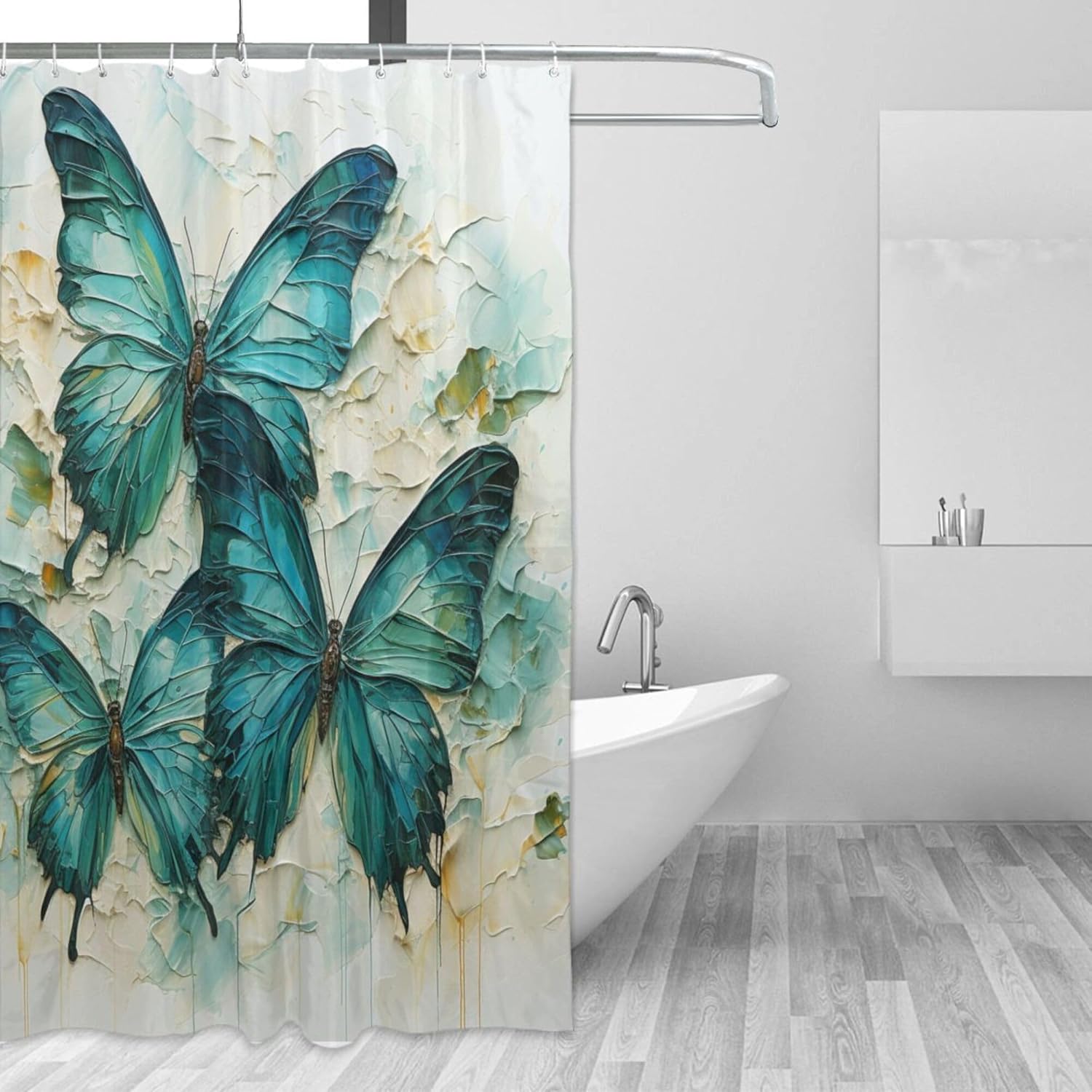 Green Blue Butterfly Shower Curtain Set 72x72in