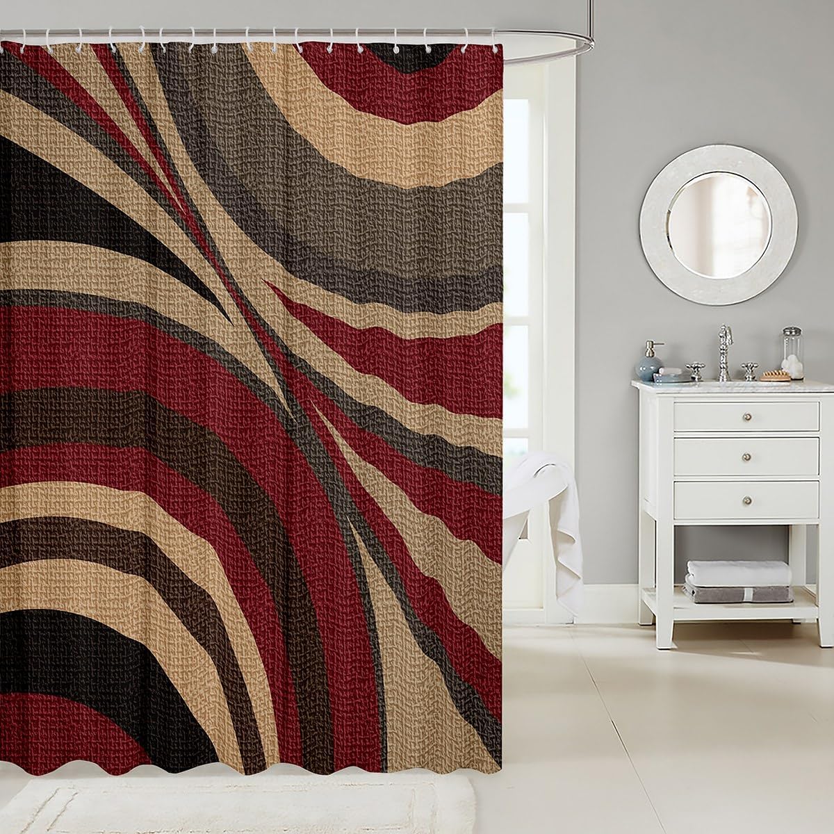 Feelyou Burgundy Red Brown Stripe Shower Curtain 72x72 Kids Geometry Bath Set