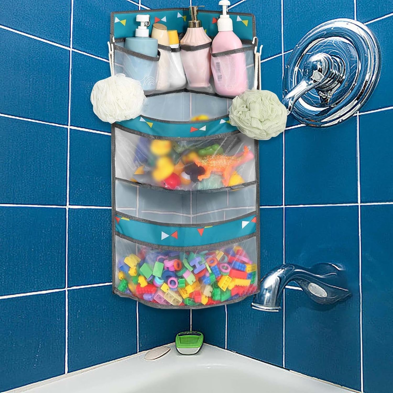 Bathroom Organizer with Toy Holder and Shower Caddy Blue