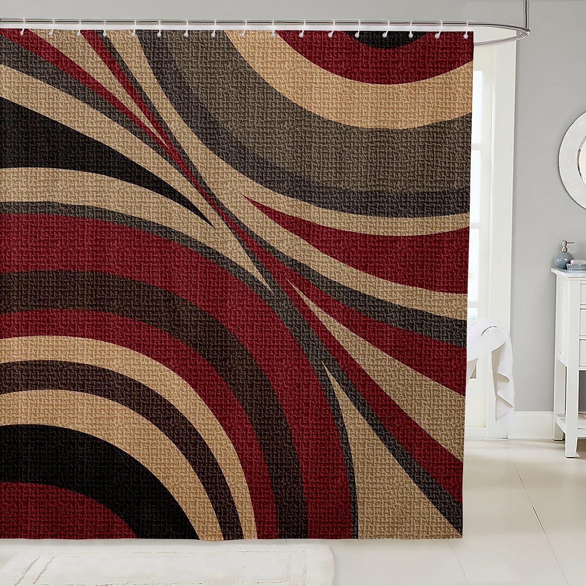 Feelyou Burgundy Red Brown Stripe Shower Curtain 72x72 Kids Geometry Bath Set