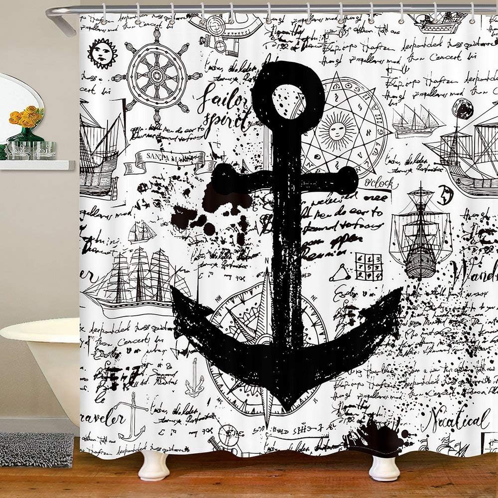 Kids Nautical Bath Curtain with Anchor Design 72x78