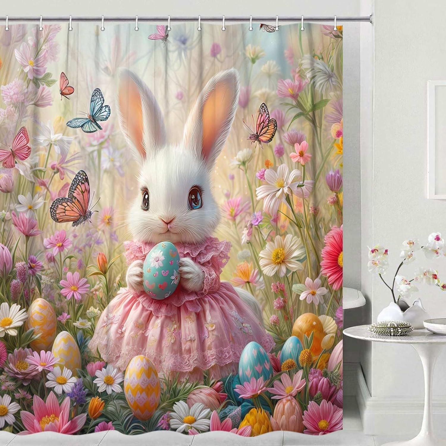 JAWO Pink Rabbit Easter Shower Curtain Set with Hooks