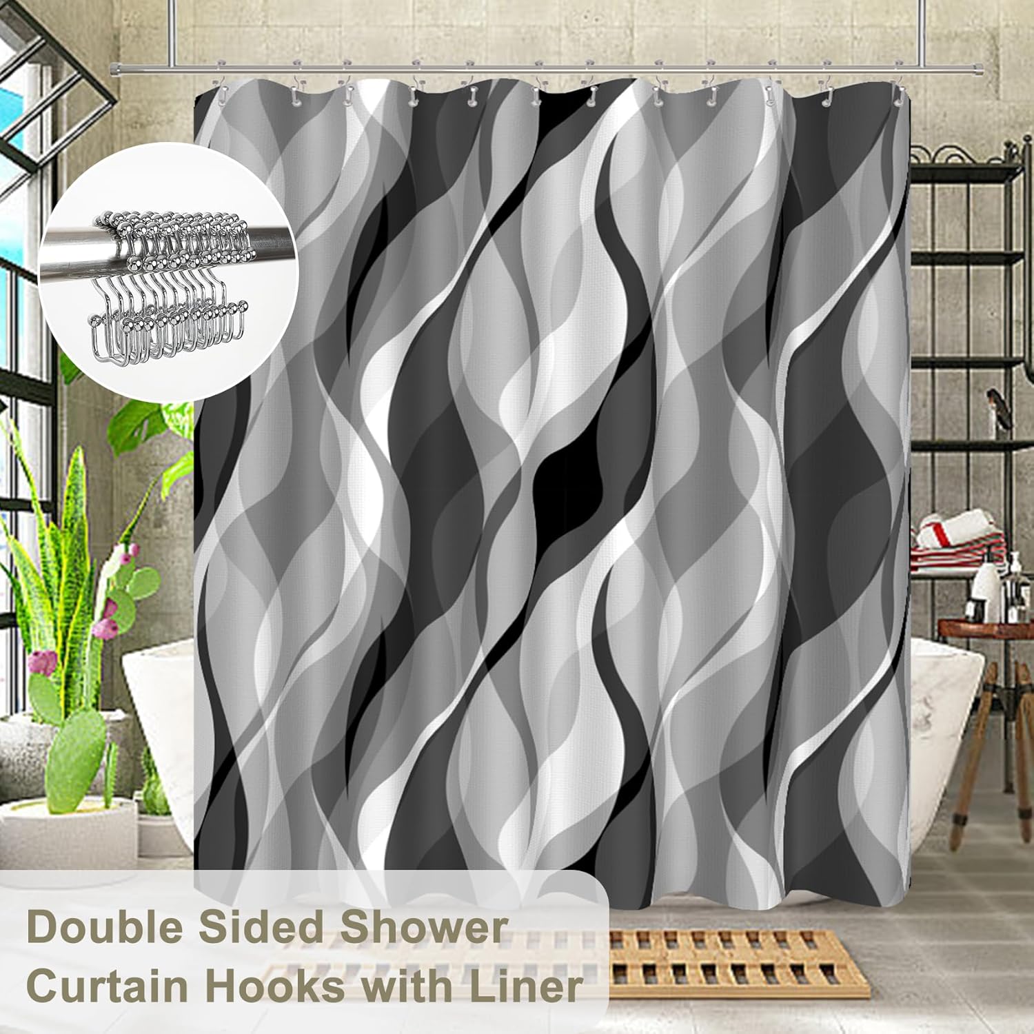 Grey Black Modern 3 in 1 Shower Curtain Set
