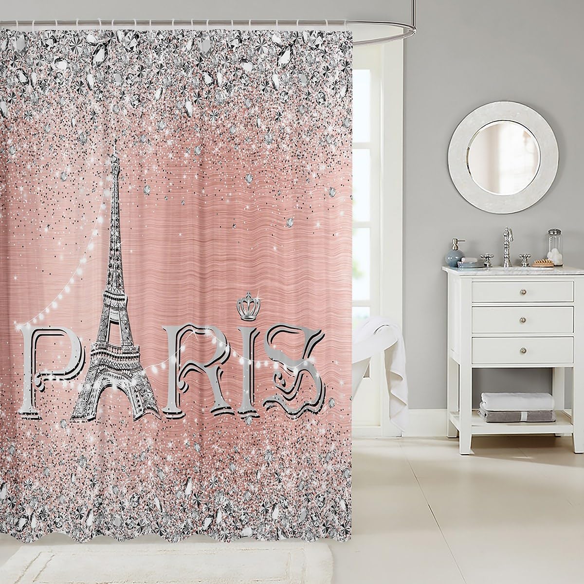 Erosebridal Eiffel Tower Shower Curtain Pink Silver Romantic Paris Decor