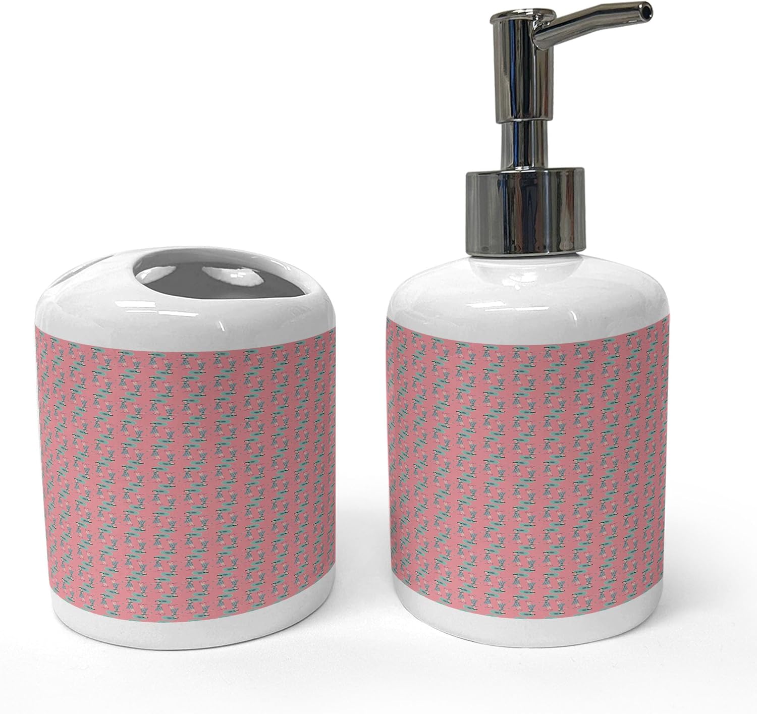 Ambesonne Modern Soap Dispenser Toothbrush Holder Set Pale Pink Turquoise