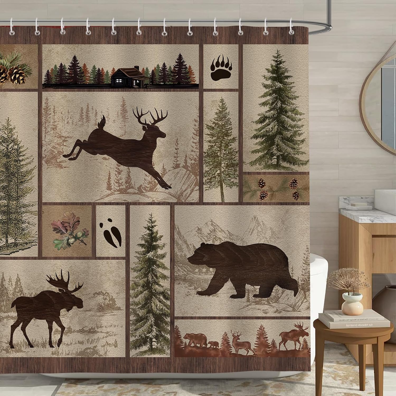 Bonhause Rustic Cabin Shower Curtain with Bear Deer Design 72x72 Inch