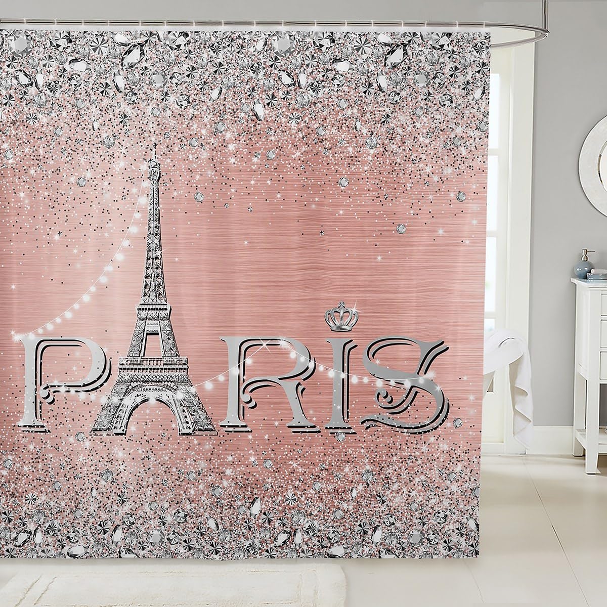 Erosebridal Eiffel Tower Shower Curtain Pink Silver Romantic Paris Decor