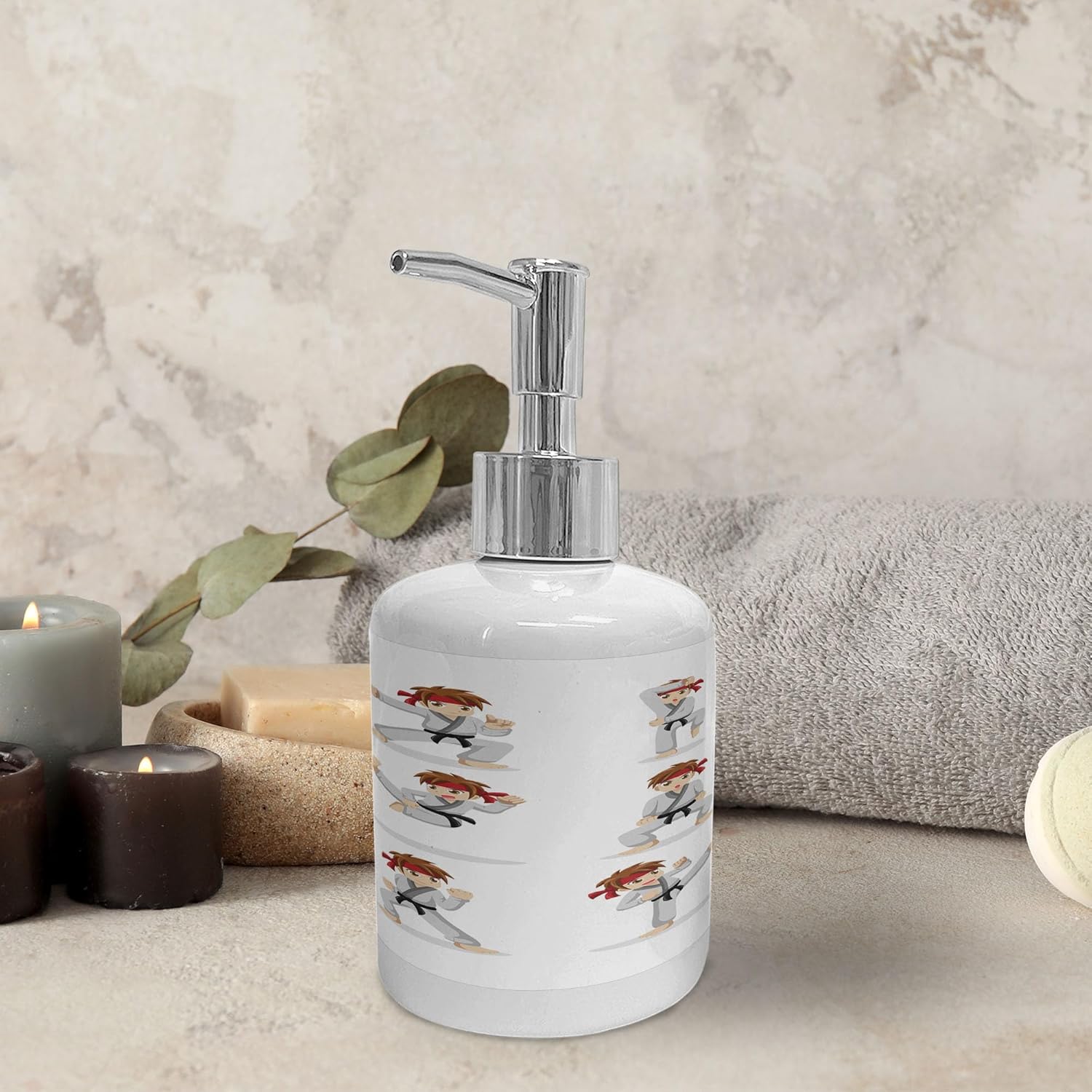 Ambesonne Karate Boy Soap Toothbrush Holder Set 2 Pcs Ceramic Beige Vermilion