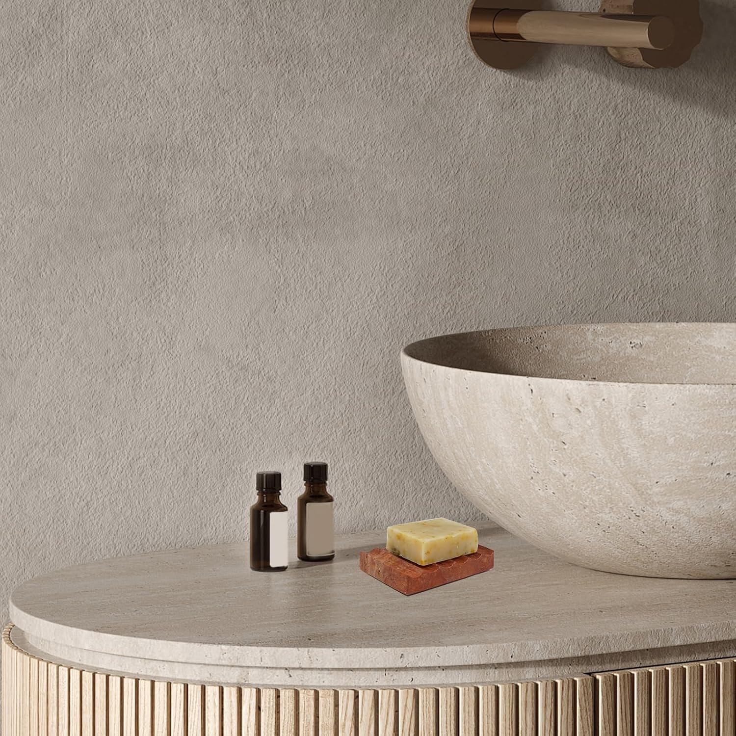 Red Natural Travertine Soap Dish with Feet