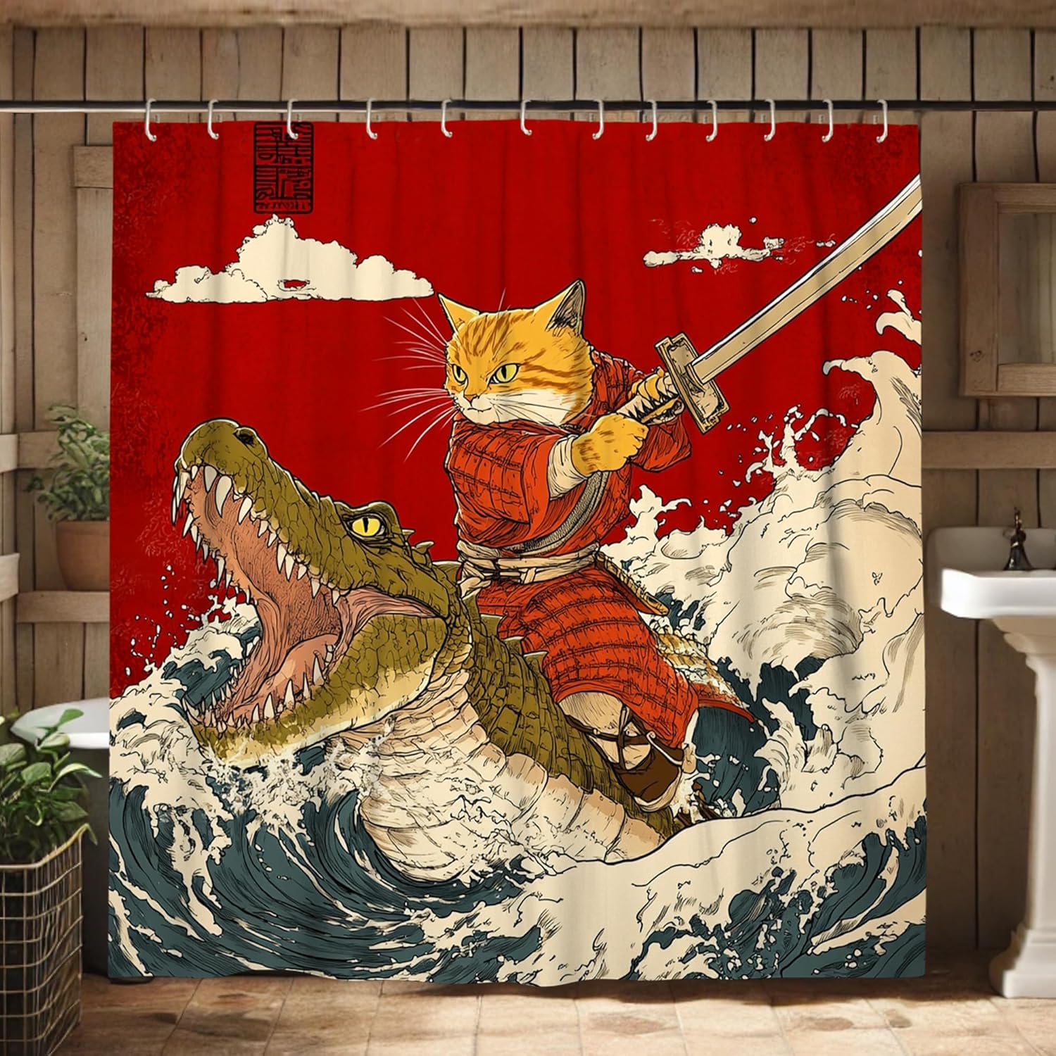 Cat Samurai Shower Curtain Orange Design 72x72 Inch
