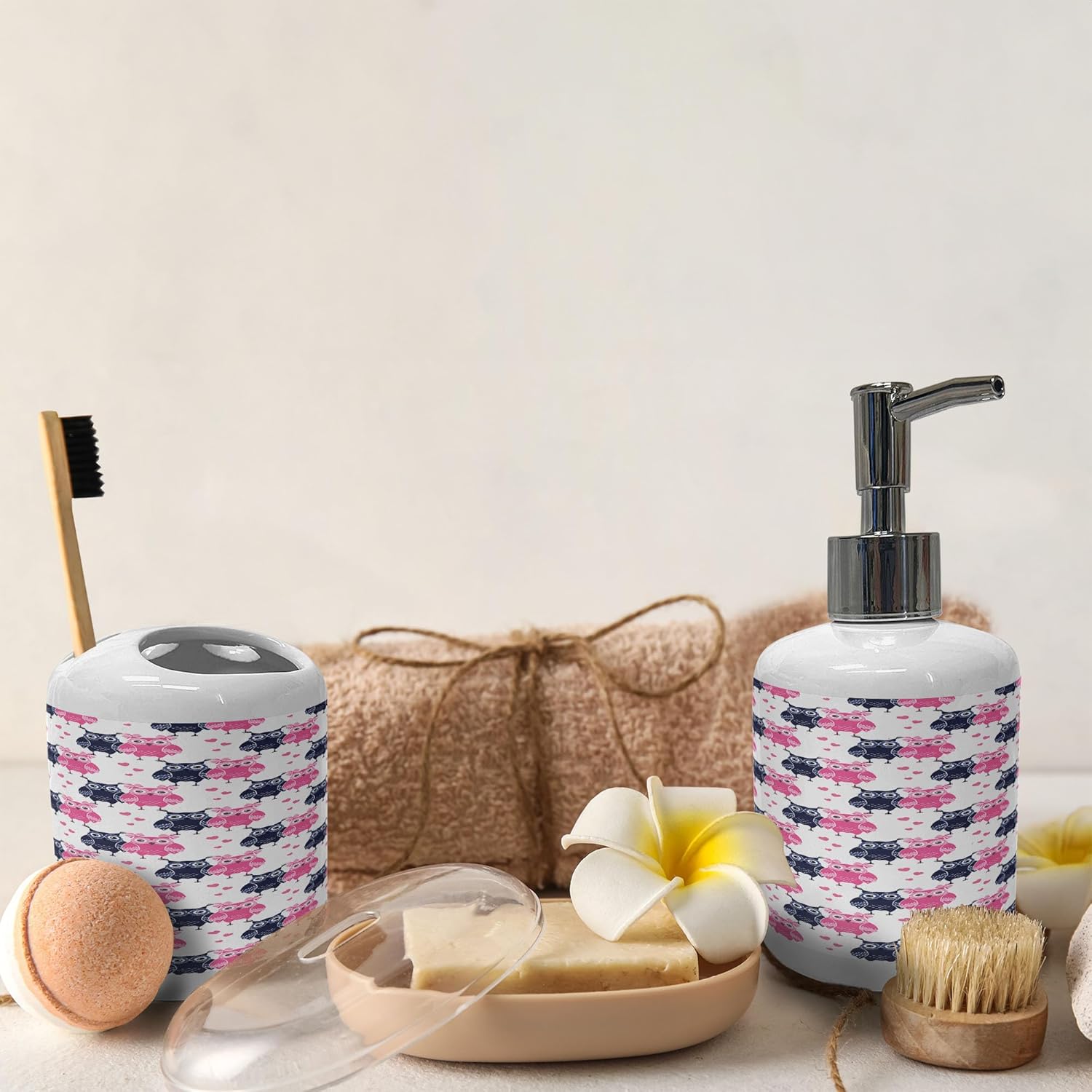 Ambesonne Owl Soap Dispenser Toothbrush Holder Set 1